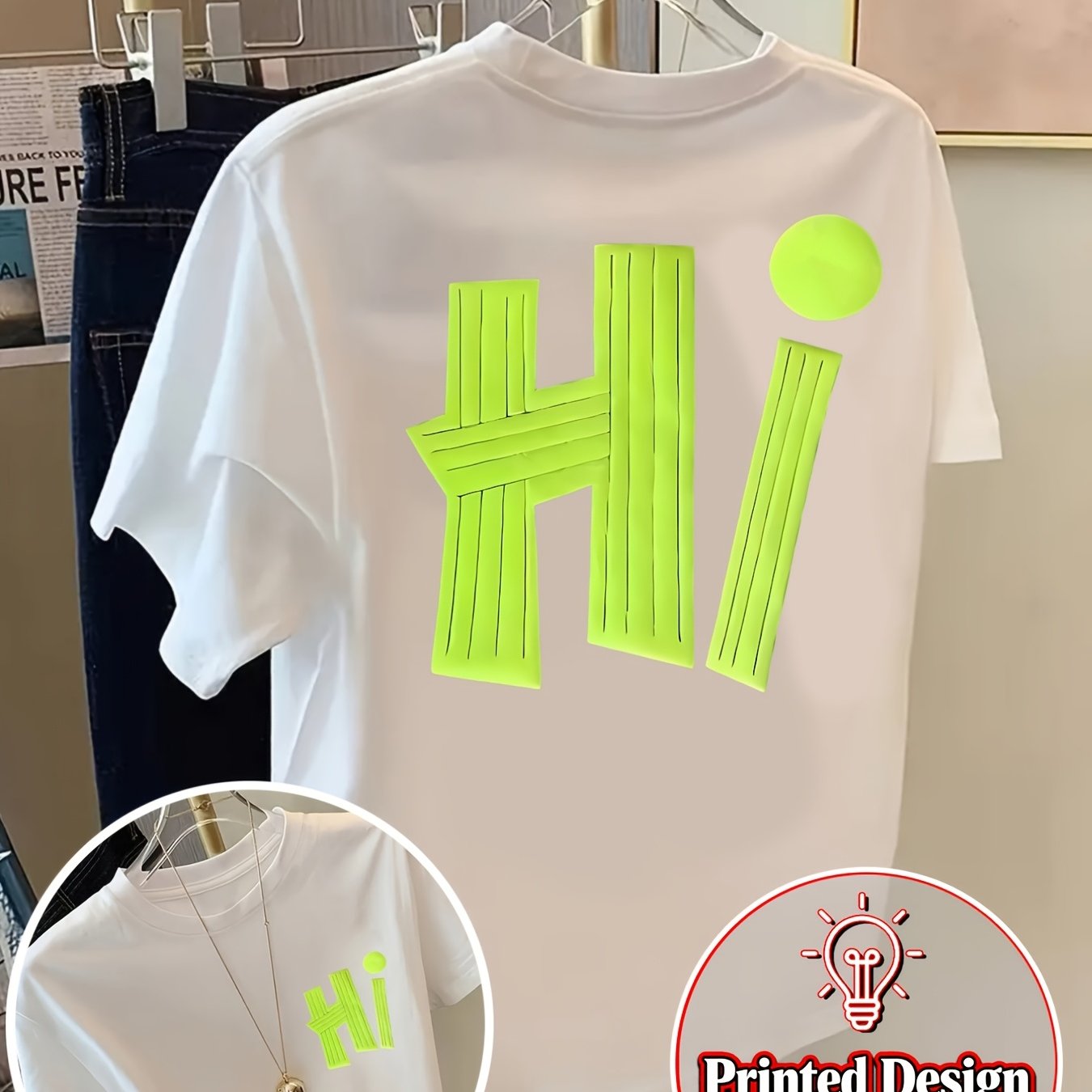 E-shop Hi, Neon Grün Print T-Shirt Kurzarm Rundhalsausschnitt Freizeit Top für Sommer Frühling, Damenbekleidung