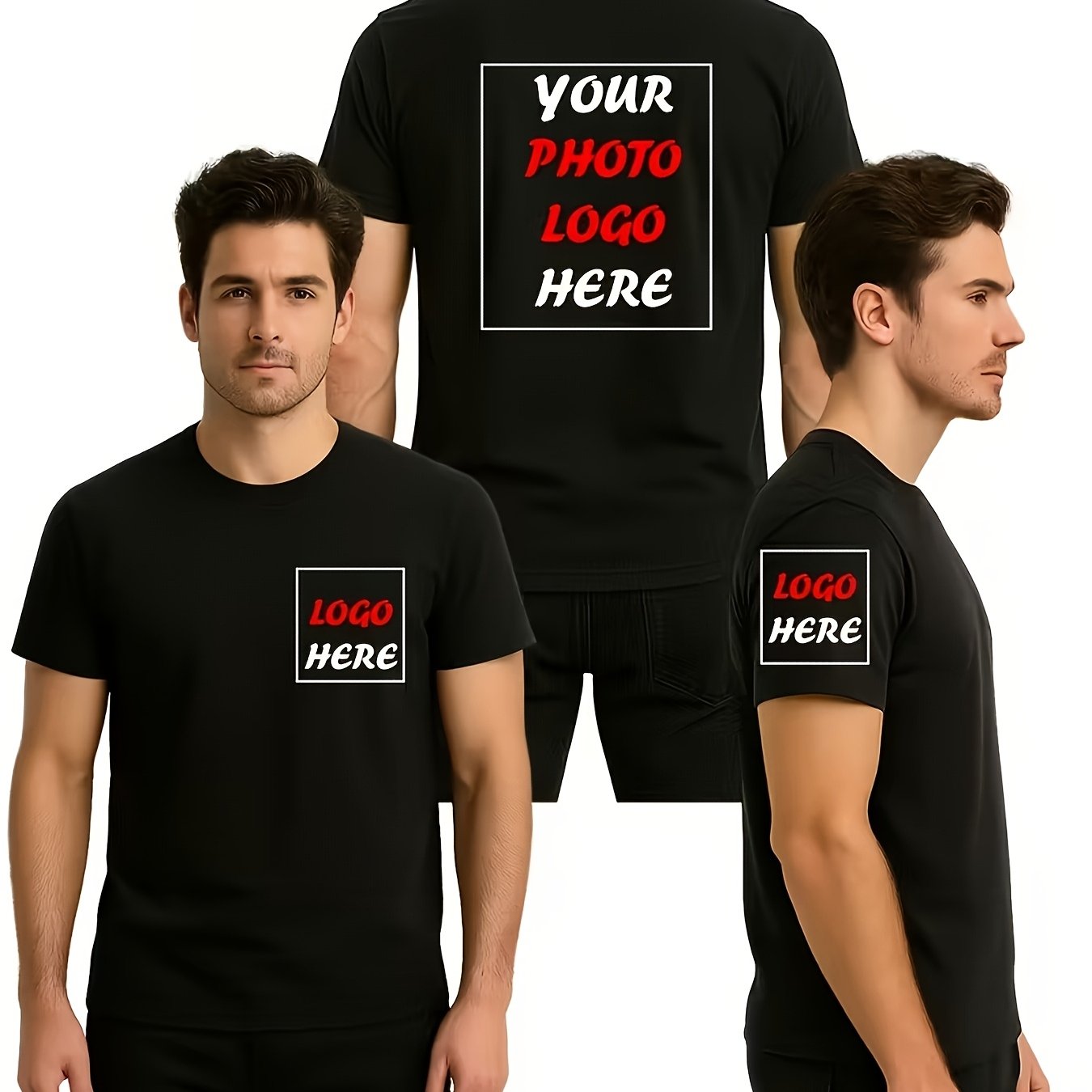 TEMU Customizable Short Sleeve T-shirt - Personalized Logo/text, Regular Fit Round Neck, Solid Color Casual Tee, Suitable For Casual , Holidays,
