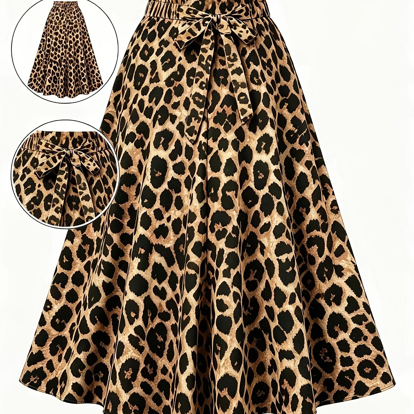 TEMU Leopard Print High-waist Flared Midi Skirt Women's Elastic Waist Bow Tie A-line Swing Skirt Casual Daily Party Streetwear Long Skirts