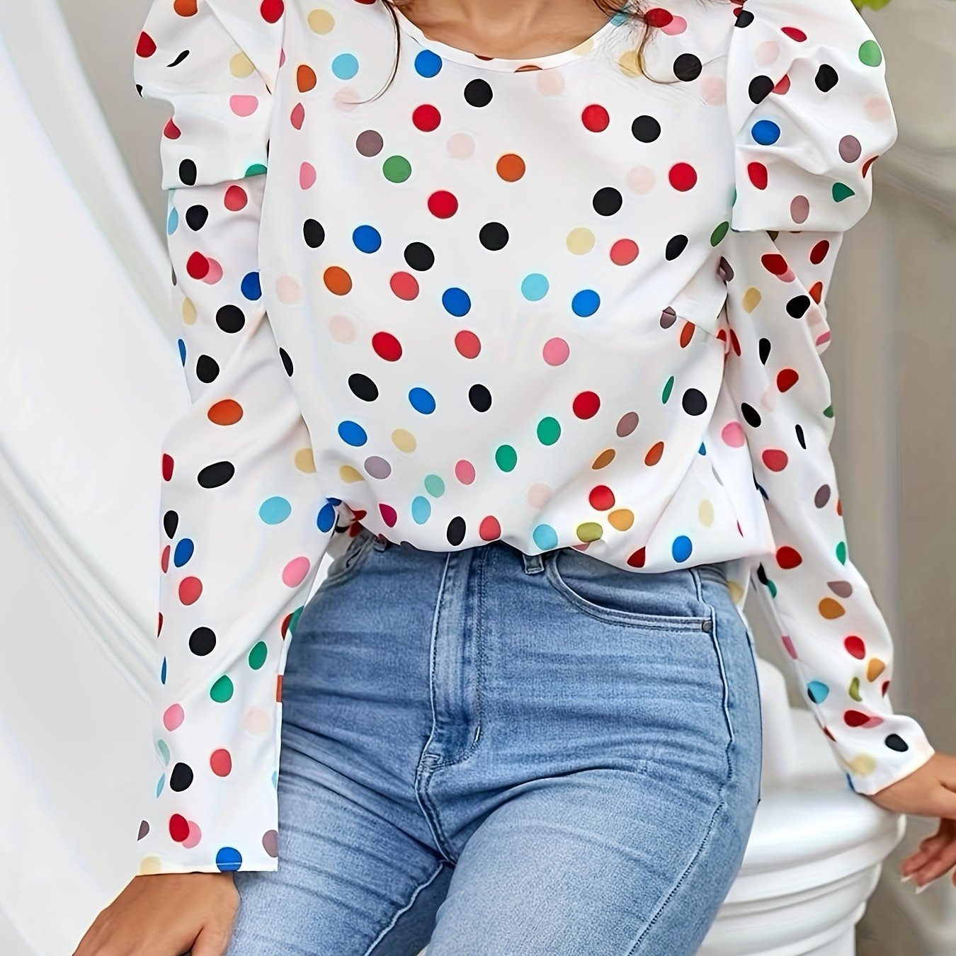 Ladies' Spring/summer Elegant Colorful Polka Dot Round Neck Button-back Casual Long Sleeve Shirt