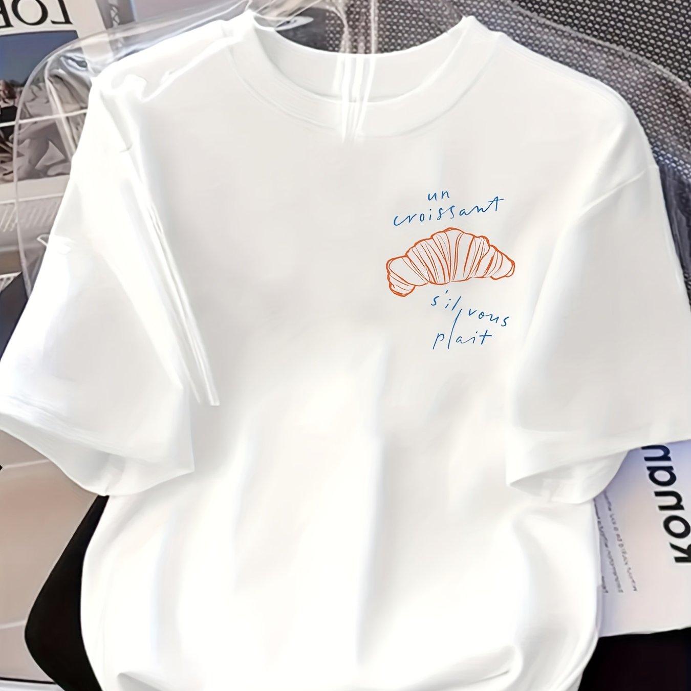 TEMU Front Croissant Letter Print Round Neck T-shirt, Casual Sporty Women's Spring/summer Short Sleeve