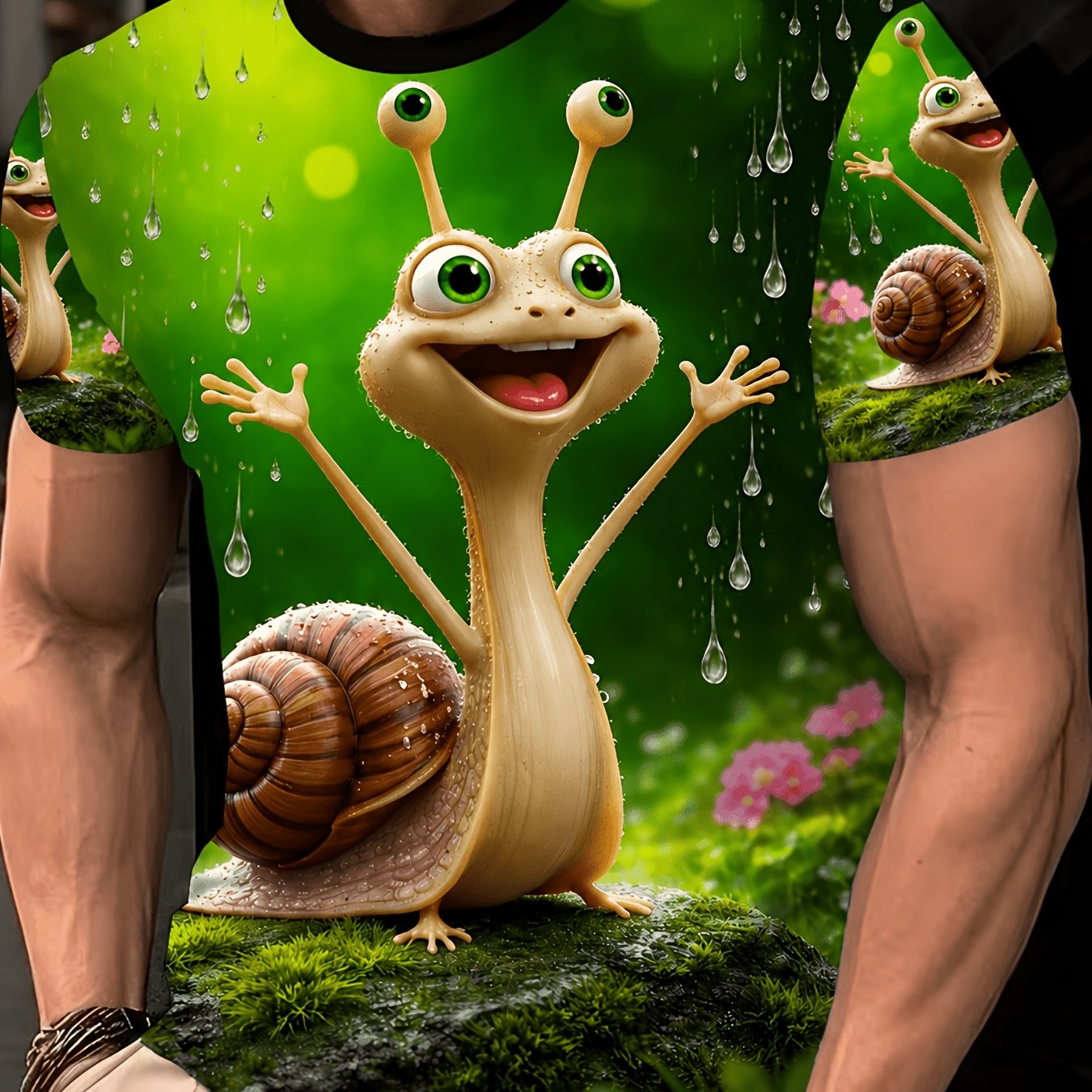 TEMU 1pc Men's Full-body Snail Print T-shirt - Green Casual Sport Short Sleeve Round Neck Top With Full Digital Snail & , Machine Washable Summer