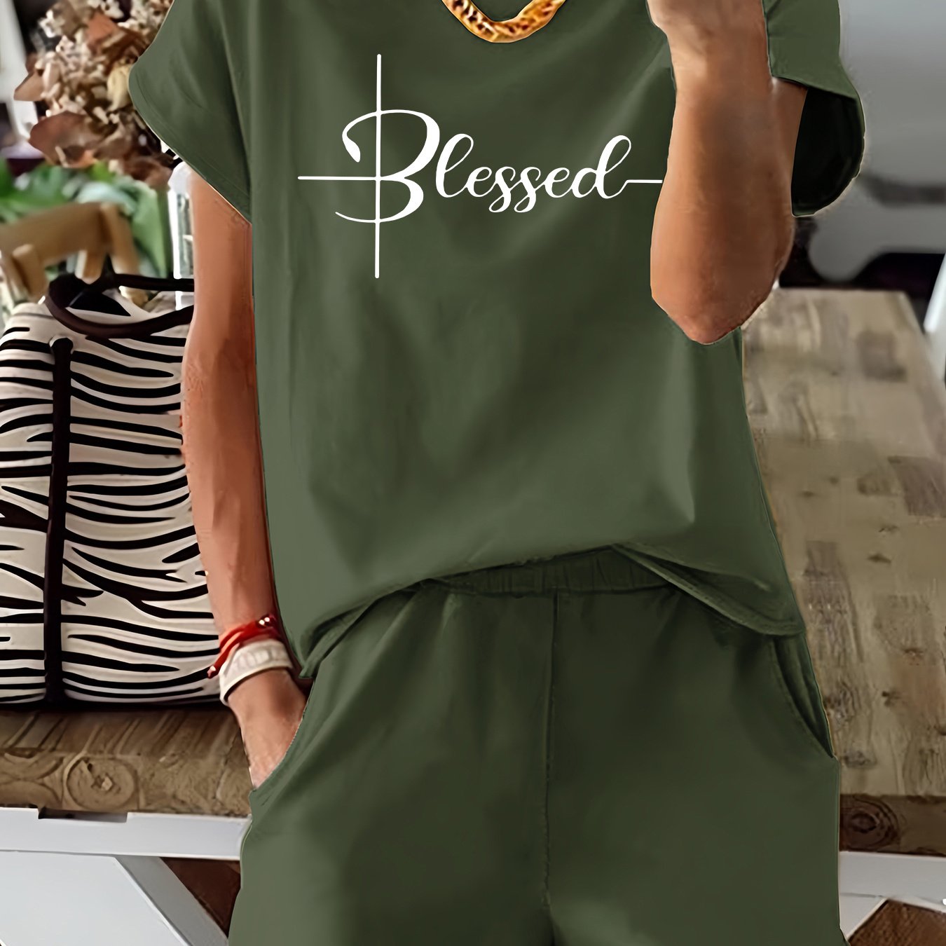 TEMU [customer Favorite] Women's Casual Letter Print T-shirt & Shorts Set - Stretchy Blend, Washable, Round Neck