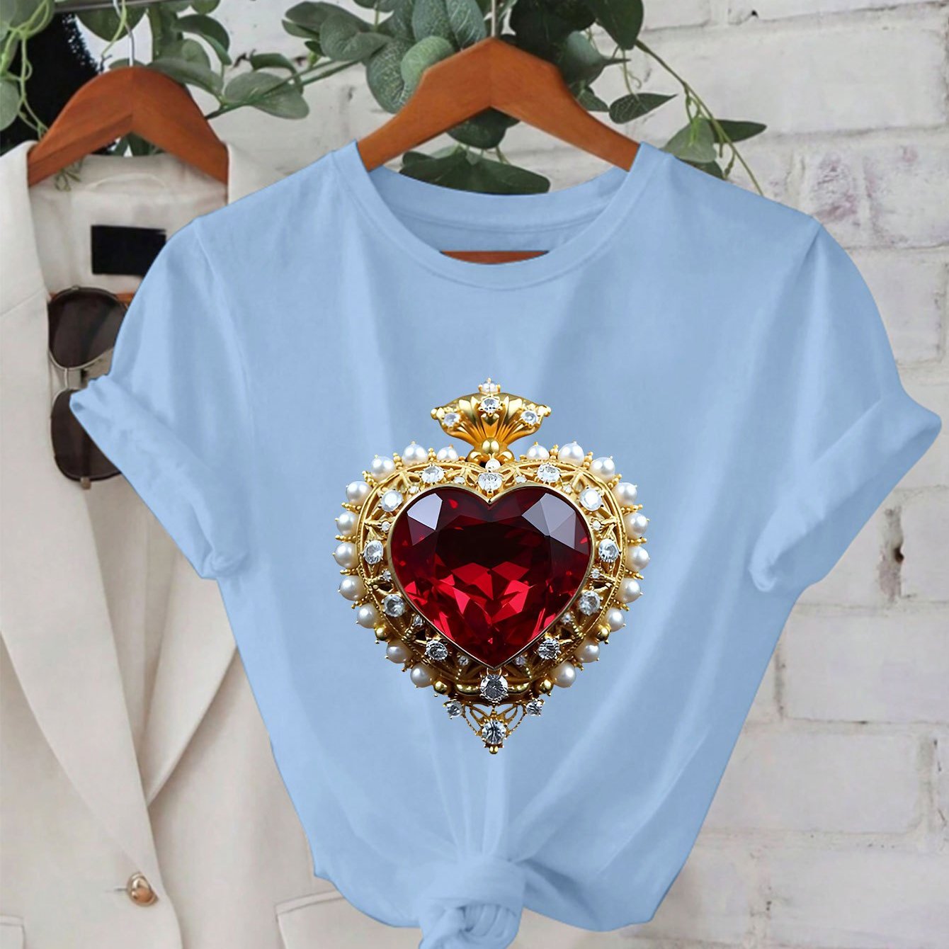 TEMU Women's Casual Crew Neck T-shirt With Gemstone Print, 100% Polyester Knit Fabric, Stretch, Short Sleeve Tee With Ribbed Collar And Double