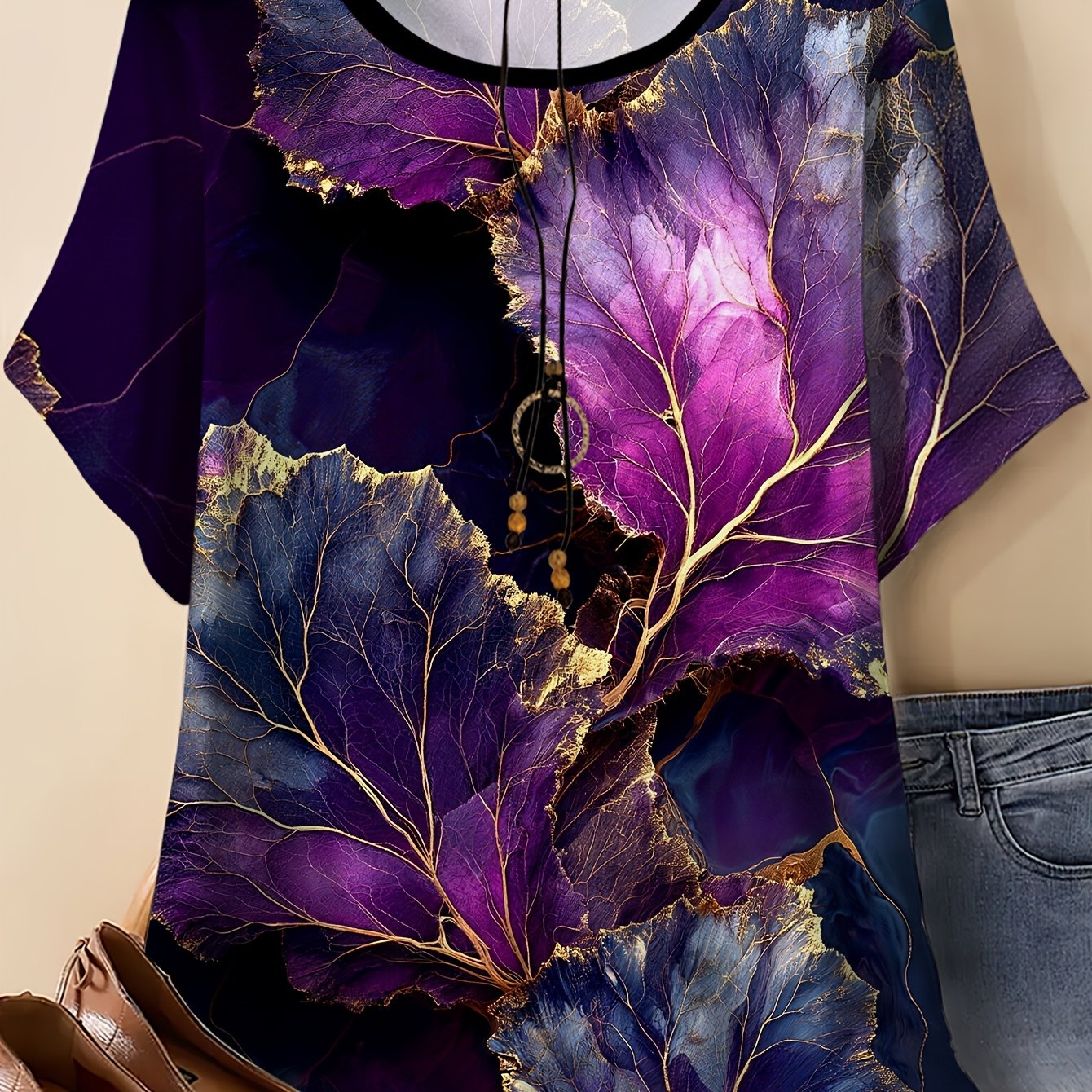 TEMU Plus Size, Women's Round Neck Printed T-shirt - Elegant Casual Short Sleeve Vintage Purple Floral Print Design, Stretch Fabric, Suitable For