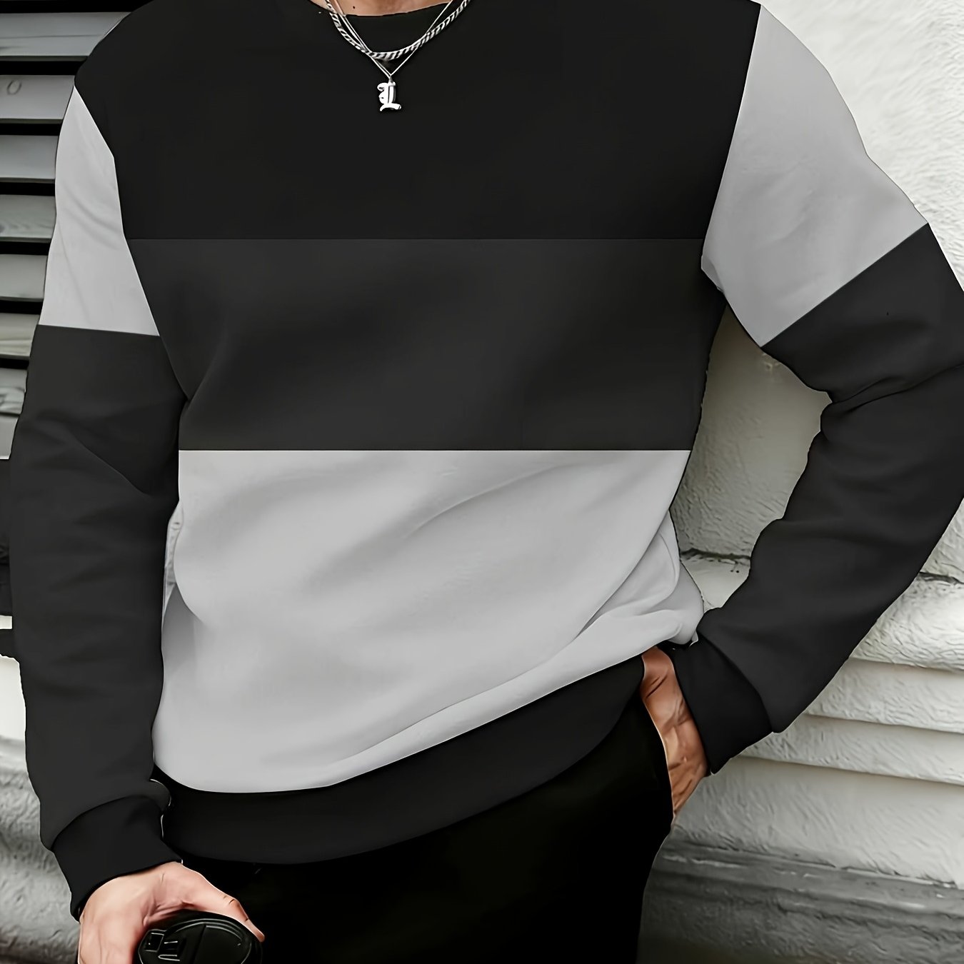 TEMU Plus Size Autumn/winter Men's Loose Round Neck Sweatshirt With Color Block Pattern, Casual Sportswear, Holiday Gift For Men, Plus Size