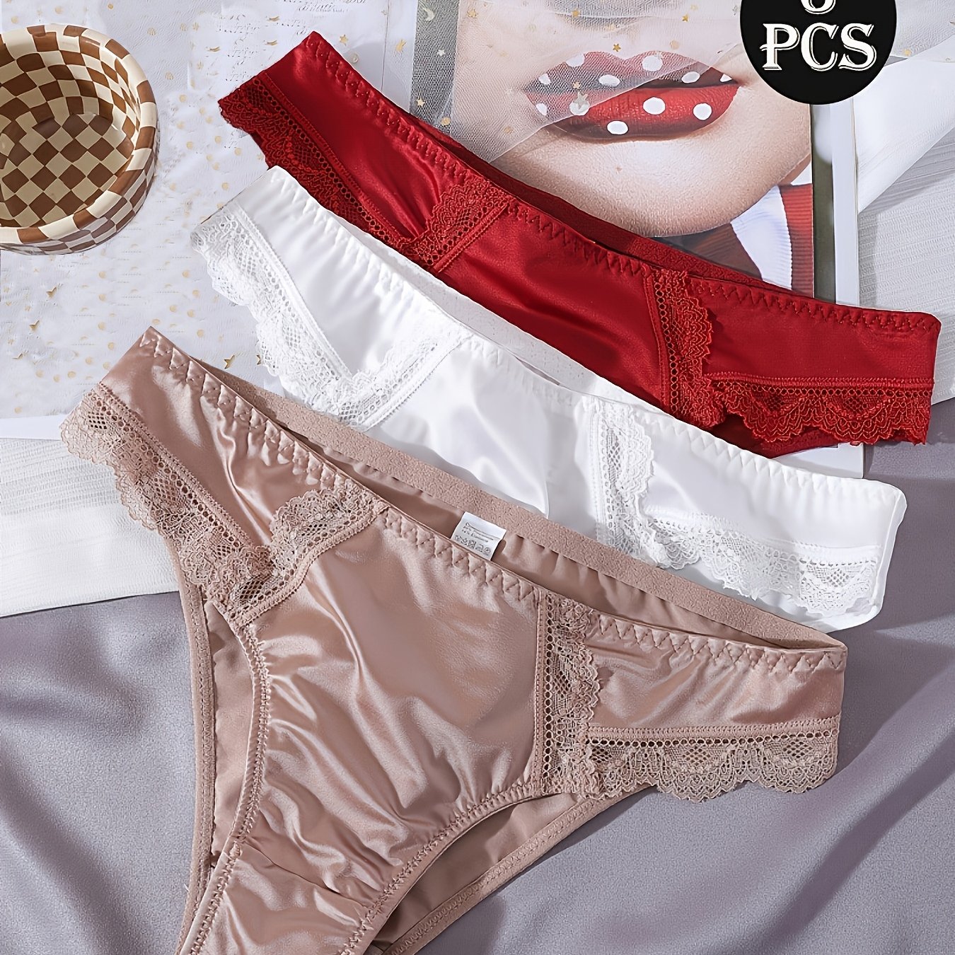 TEMU 3-pcs Women's Satin Panties, Sexy Lace Triangle Briefs, Breathable Comfortable Underwear