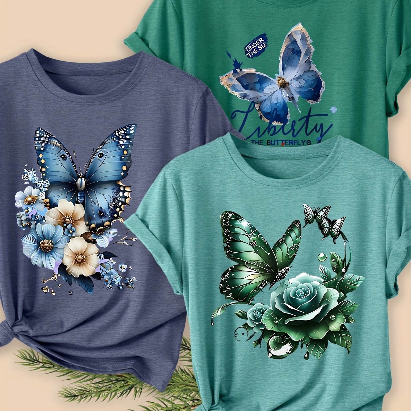 TEMU 3-pack Women's Elegant Short Sleeve Print Round Neck Summer T-shirts Suitable For Spring, Summer, Autumn, Fashionable Commuting, Vacation, Daily