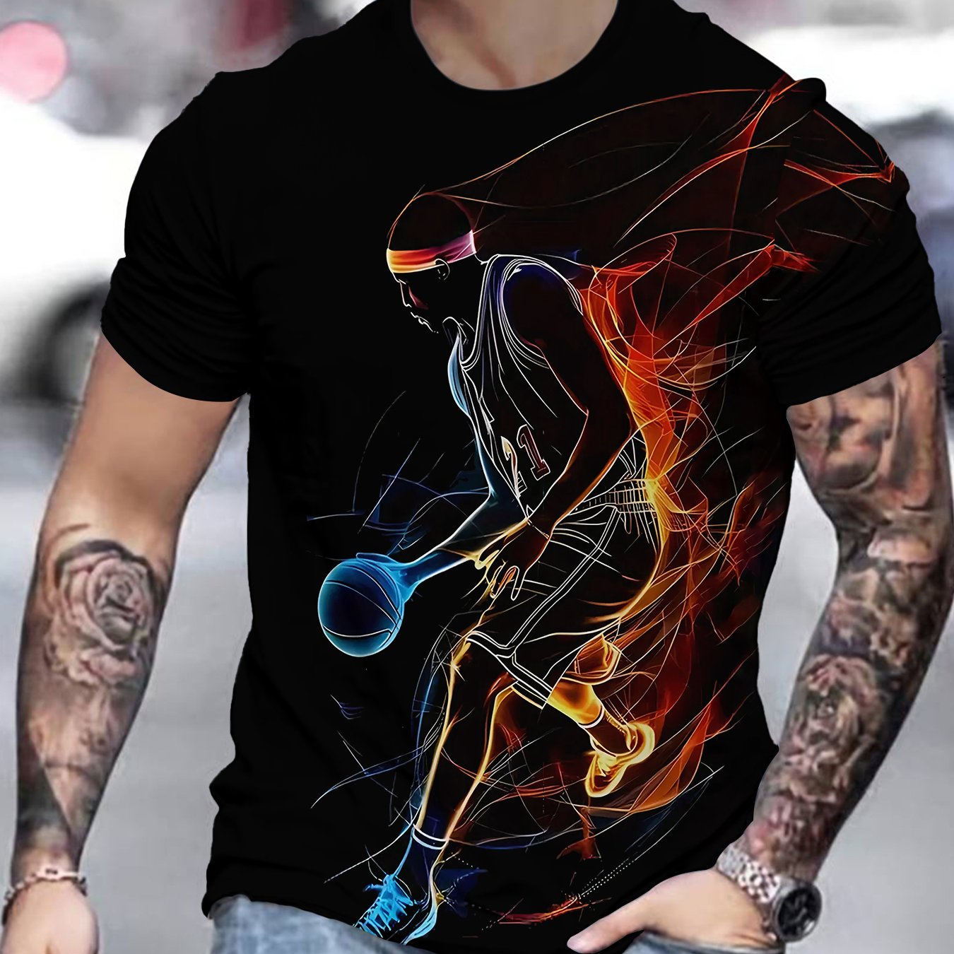 TEMU Men's Fluorescent Basketball T-shirt Compatible For Streetwear & Court - Short Sleeve Round Neck Casual Top With Fluorescent Print, Machine