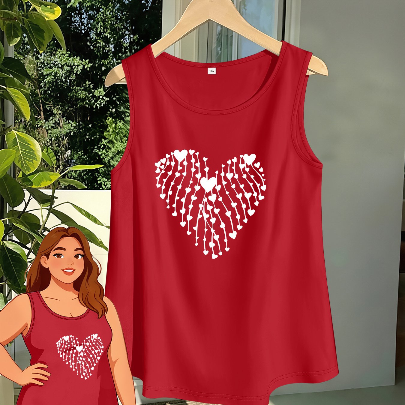 TEMU Plus Size - Spring And Summer European And Size Women's Clothing Round Neck Suspender Vest Slightly Inner Wear Hearts Form Big Heart Print