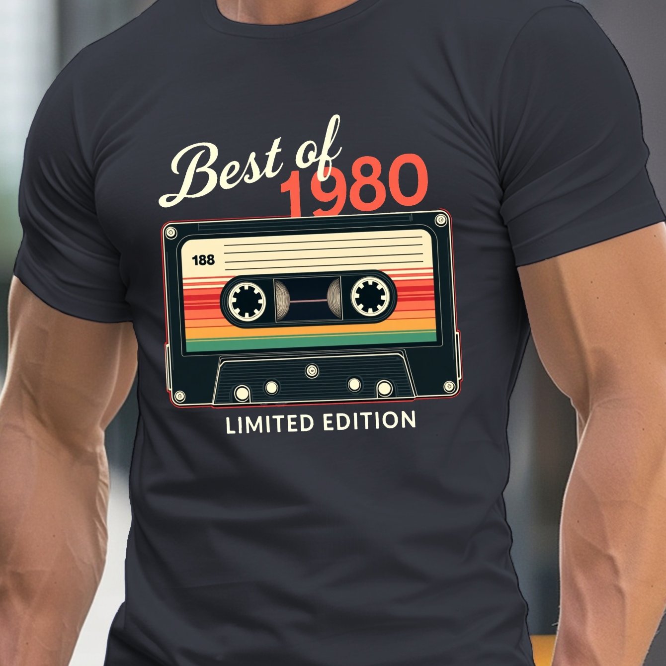 TEMU Men's Retro 1980 Cassette Tape Graphic Tee - "best Of 1980 Edition" Print, Casual Crew Neck Short Sleeve, Lightweight Summer Shirt For Adults,