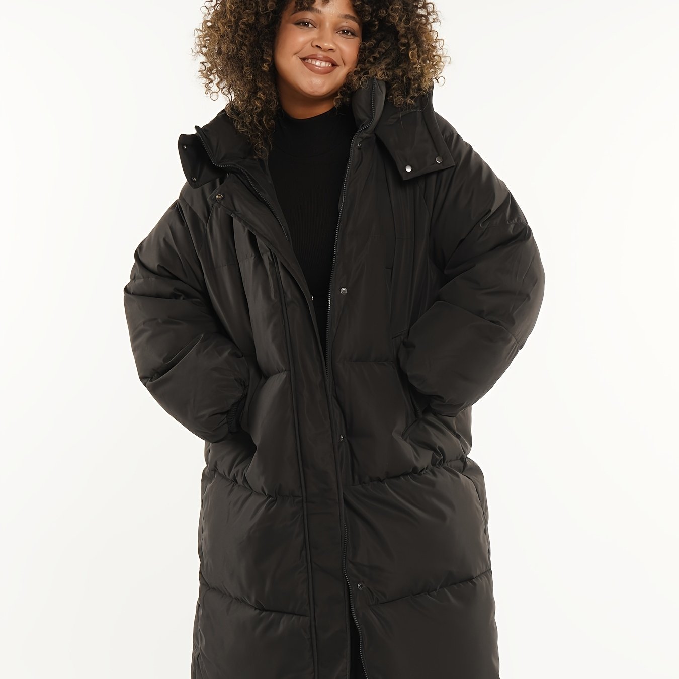 TEMU Plus Size - Plus Size - Women's Classic Hooded Long Puffer Coat In Plus Size, Long Quilted Jacket With Large Pockets, Basic Winter Warm Long