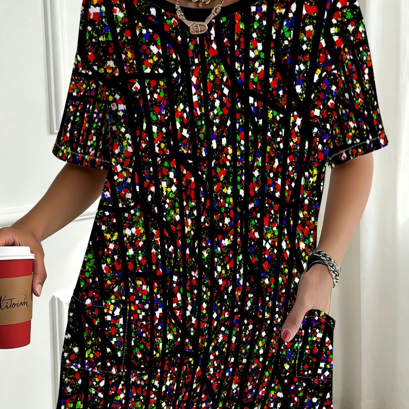TEMU 1pc Loose Fit Short-sleeve T-shirt With Vibrant Abstract Pattern, Ideal For Daily Commuting, Beach Vacation, And Casual Gatherings,