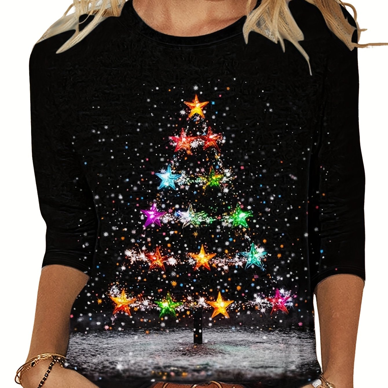 TEMU Christmas Women's Fashion 3/4 Sleeve Round Neck Loose Basic Shirt Casual Three-quarter Sleeve T-shirt Printed Design – Not Textured