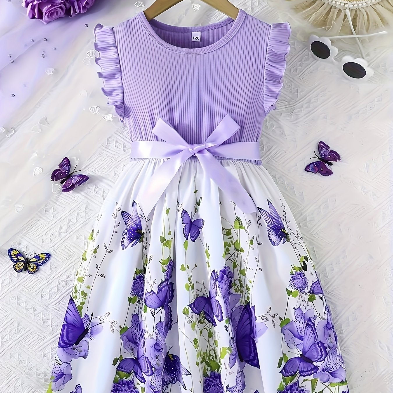 Image of Girls' Elegant Print Round Neck Flutter Sleeve Dress With Belt, Christmas Dress, Perfect For Gifting, Holiday Parties, Gatherings/birthday/vacation/outdoor/summer Travel