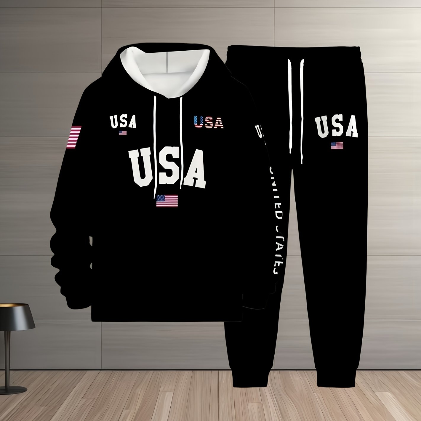 TEMU 2pcs Set, Discount, Black Vintage Letter Print, Men's 2pcs Set, Casual Crew Neck Long Sleeve Hoodie And Sweatpants Set, Suitable For Winter And
