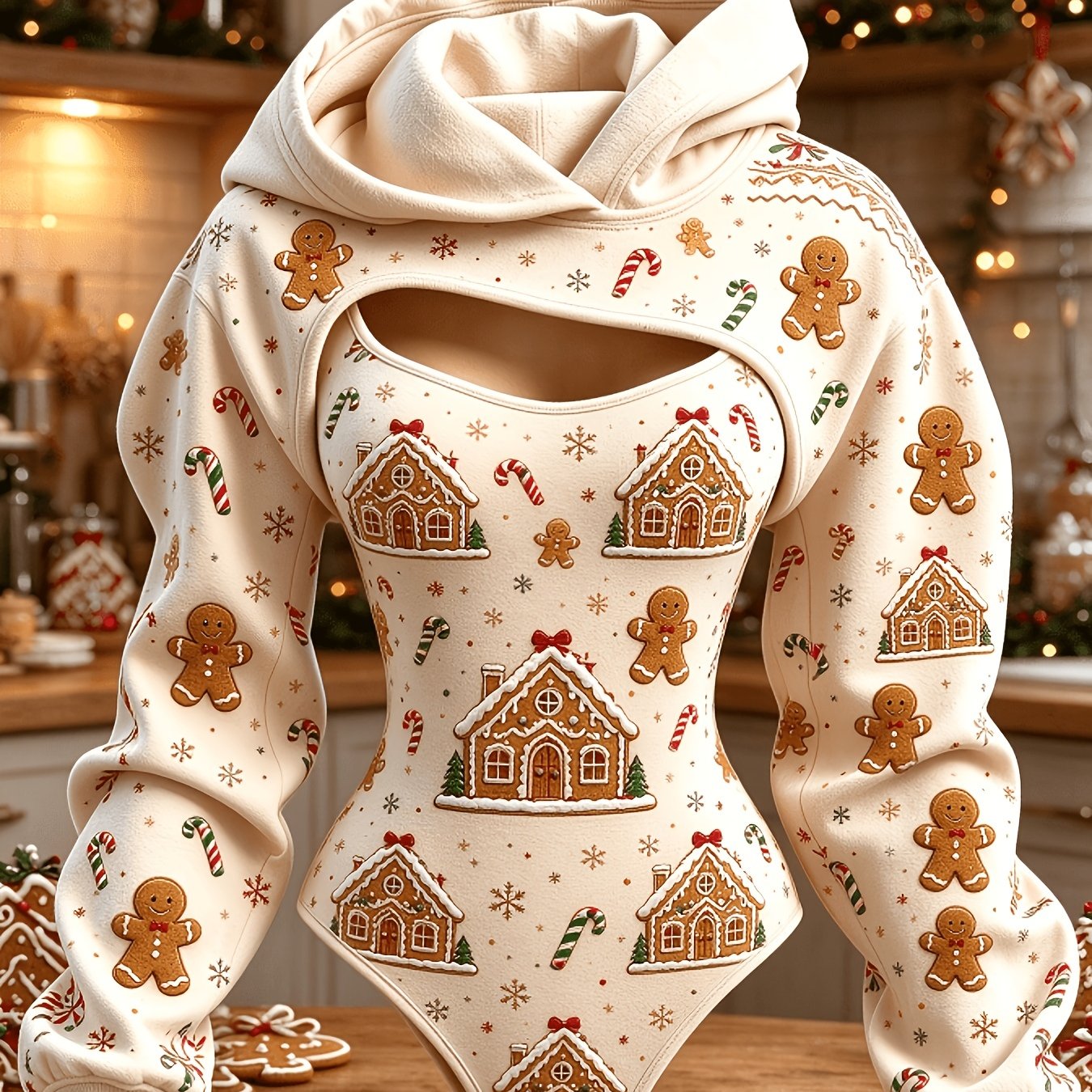 Image of Women's Gingerbread House And Men's Printed 2pcs Set, Long Sleeve Hooded Cover-up, High-waisted Jumpsuit Set, Y2k Holiday Party Casual Hooded Jumpsuit Top