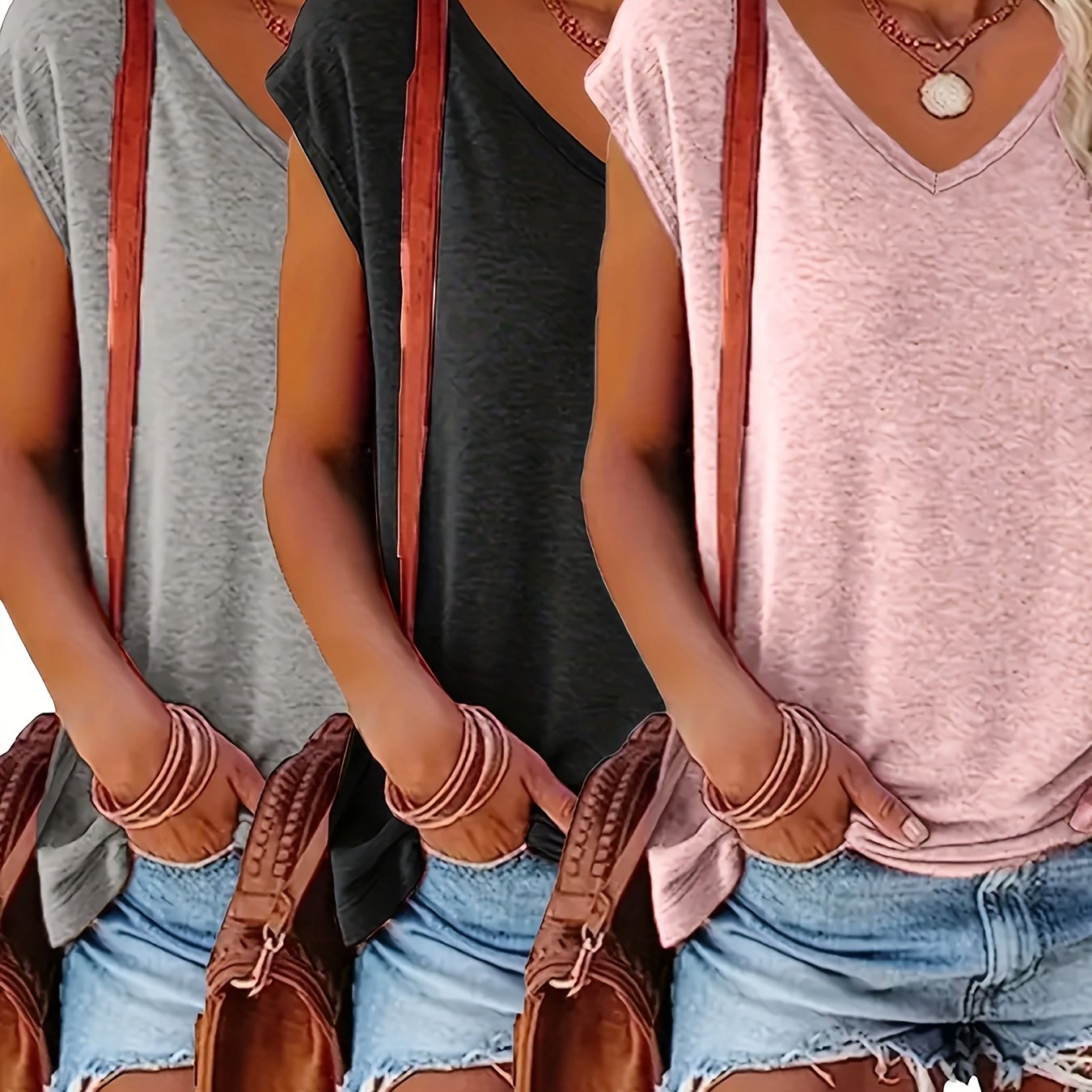 Image of Plus Size - Plus Size - 3pcs Solid V-neck Short Sleeves, Spring Summer New Women's Wear, Casual V-neck Loose Top, Spring Summer Base Layer Short Sleeve T-shirt ---- Daily/home, Machine Washable