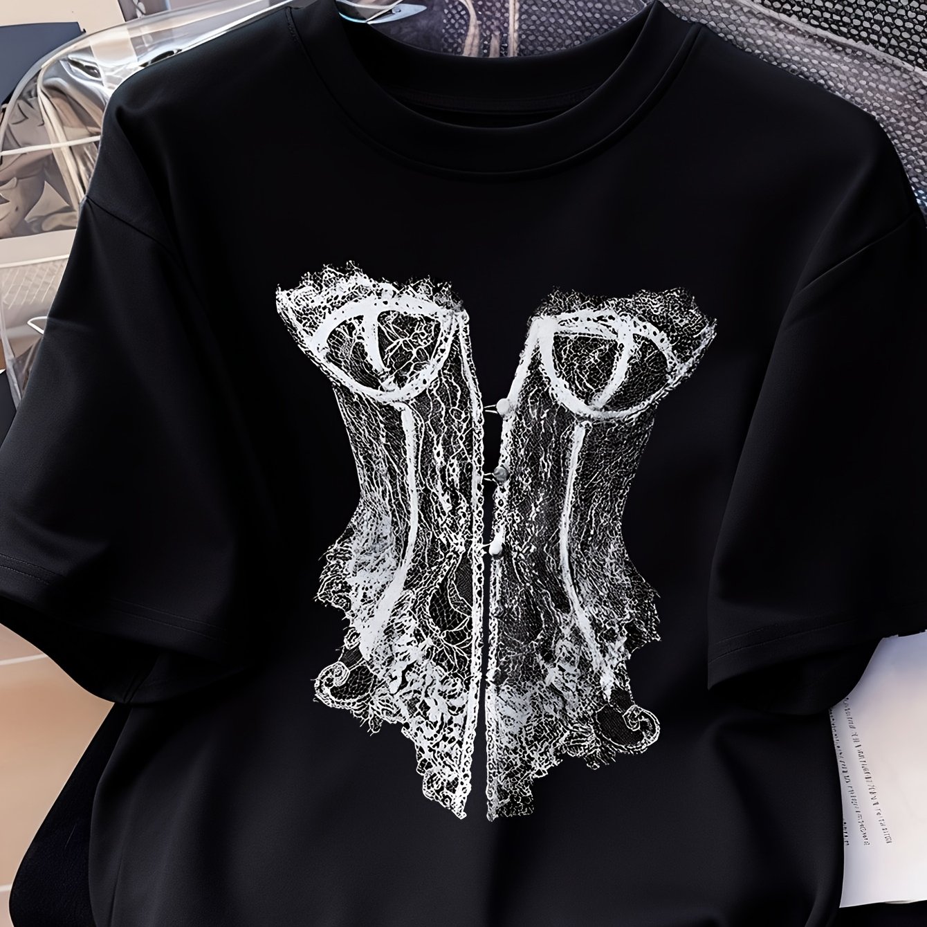 TEMU Women's Casual Short-sleeve T-shirt - Bra Print, Regular Neck Top, Suitable For , Women's Clothing, Printed Design - Not Textured