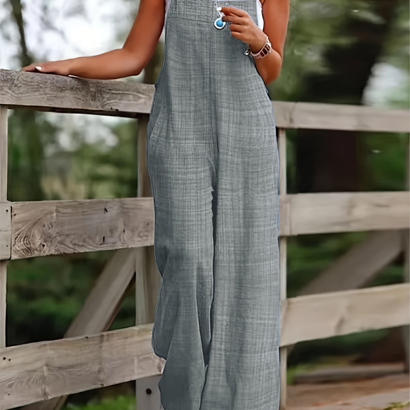 Women's Vacation Wide-leg Jumpsuit - Sleeveless Strappy Design With Pockets, Machine Washable Solid Color Casual Outfit For Beach, Picnics & Leisure, Picnic Attire, Flowy Fabric, Relaxed Fit