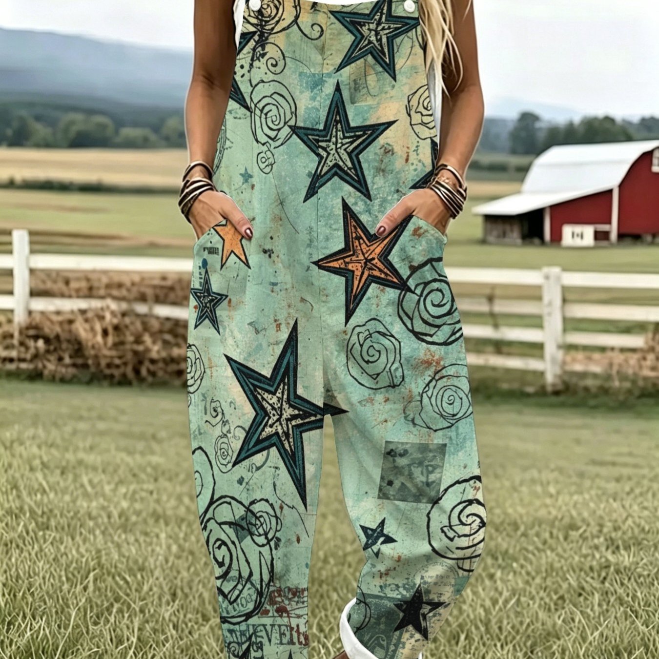 TEMU Women's Leisure Overallscreative Arts Paint Graphics Star Motif Graphic Designfashion Sleeveless Buttons Design With Pockets Suitable Vacation