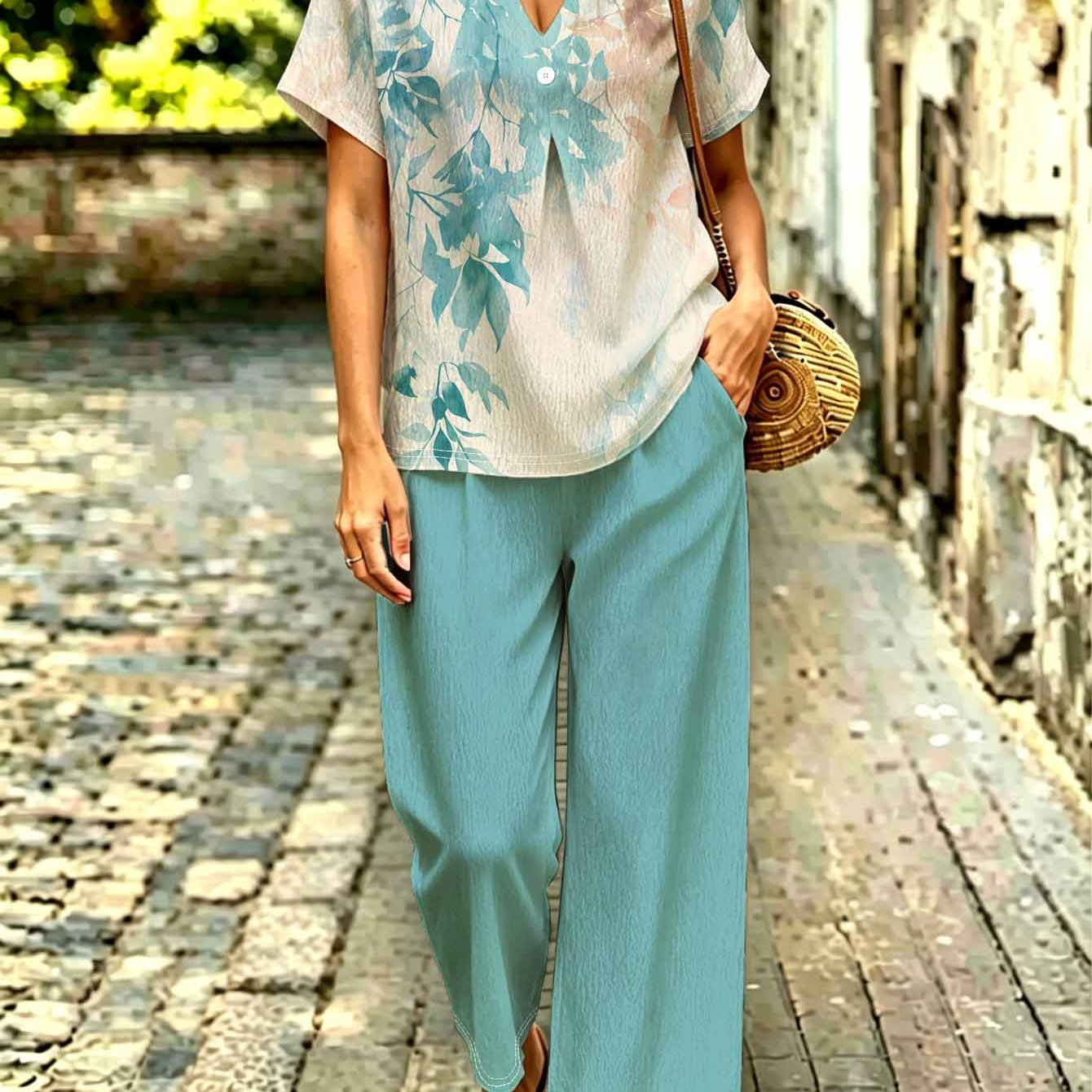 Image of Plus Size, Plus Friendly Women's 2pcs Outfit, Notch V Neck Short Sleeve Watercolor Leaf Print Top & Solid Wide Leg Pants, Loose Casual Daily Set