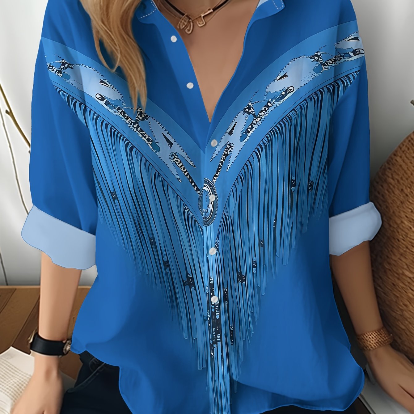 TEMU New Women's Long Sleeve Shirt With Fringe Trim, V-neck Design Featuring Floral And Circular Patterns, Fringe Drop Pattern, Versatile Casual Top