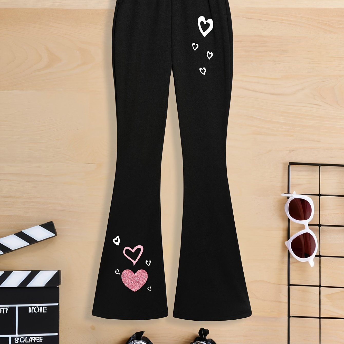 Girls' Autumn Winter Creative Print Stretch Flare Pants, Girls' Knit Trousers, For Outdoor