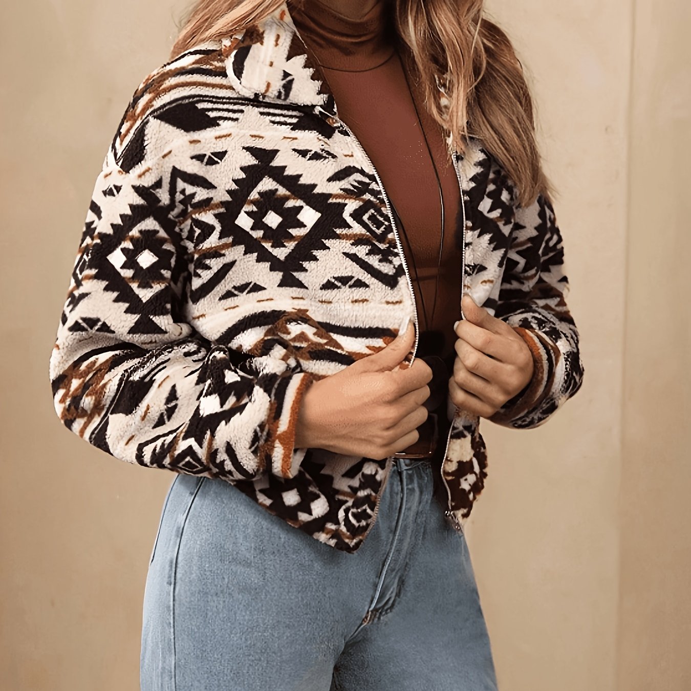 TEMU Ling Directional DW260611050 Cardigan Zippé en Peluche pour Femmes, Veste Florale à Manches Longues