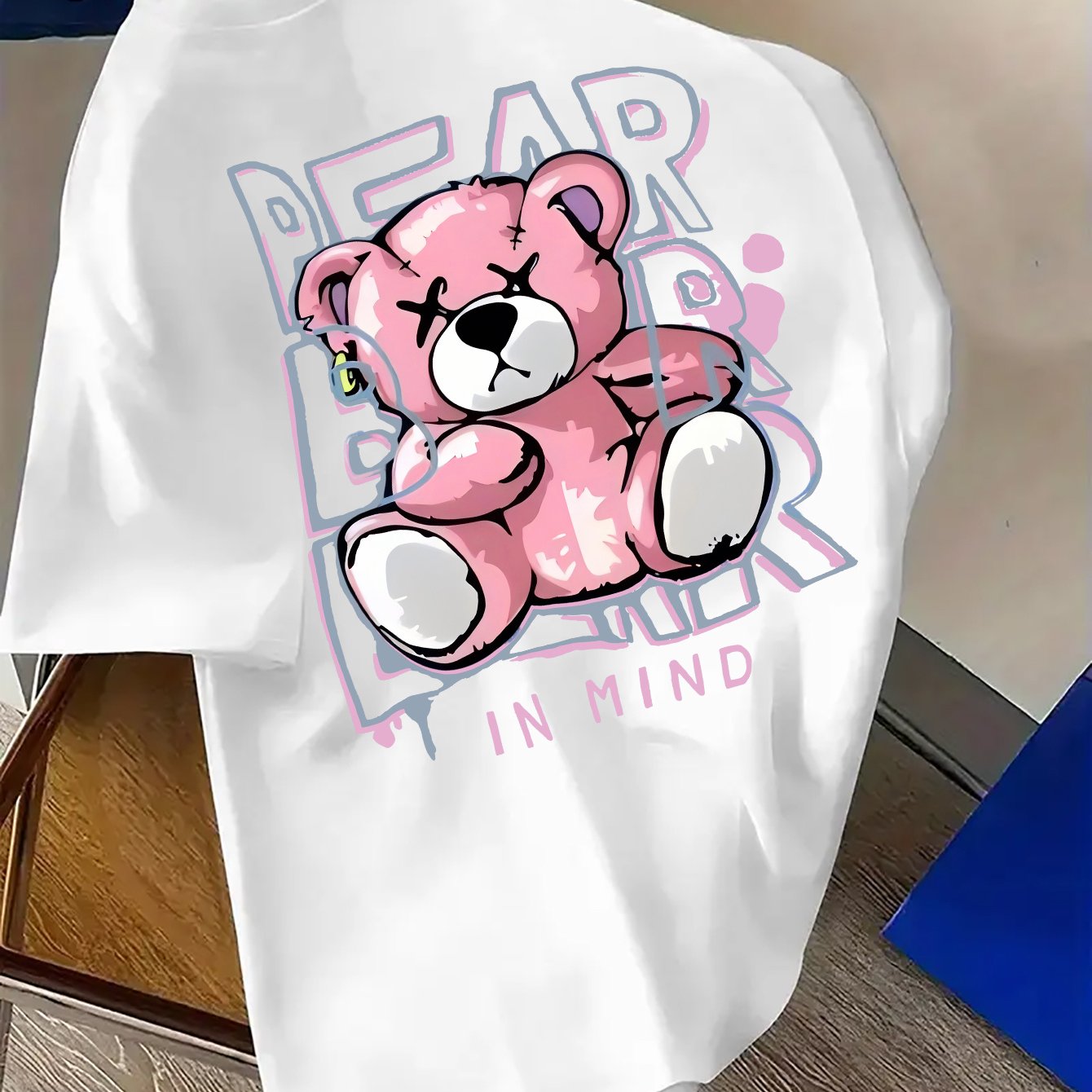 TEMU Y2k Men's Pink Bear Graphic T-shirt - Oversized Streetwear Crew Neck Tee With Pink Bear Print, Loose Fit Shoulder Summer Casual Shirt Suitable
