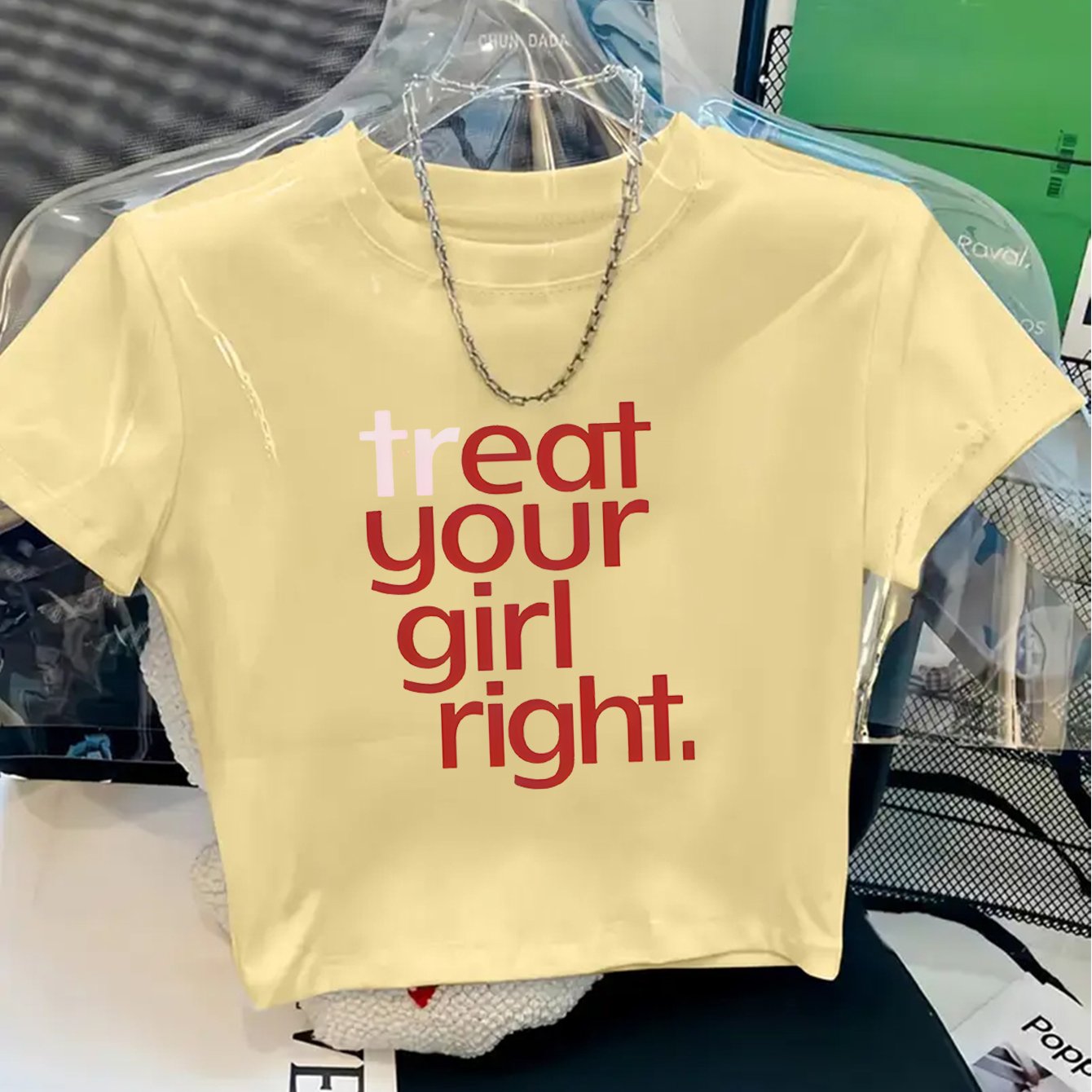 TEMU 1pc Women's Y2k Style Treat Your Well English Slogan 2d Print Short Sleeve Cropped T-shirt