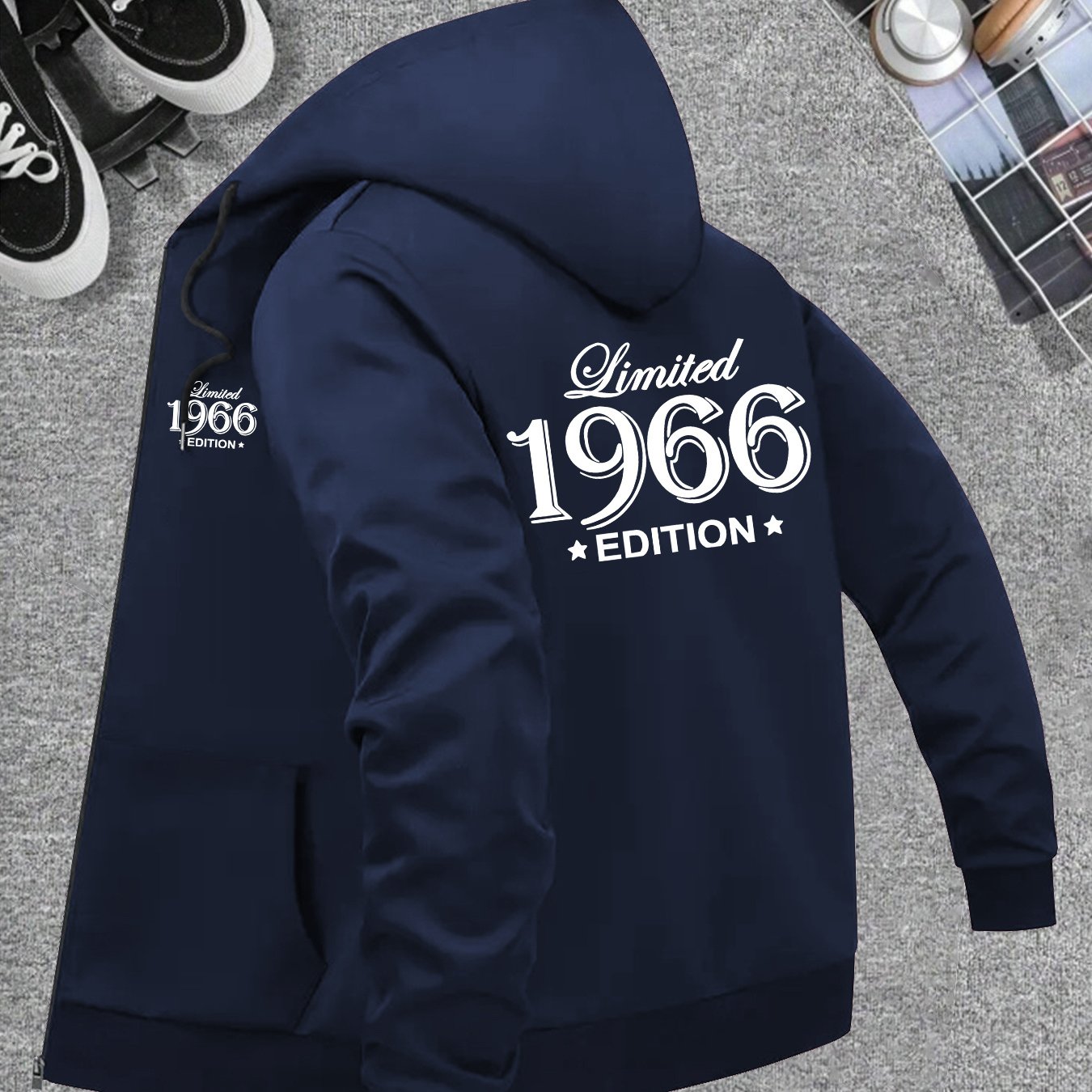 TEMU Fashionable Digital 1966 Men's Hooded Zip-up Jacket, Versatile Sporty Style