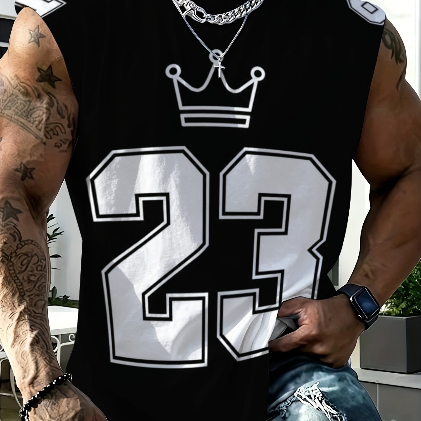 TEMU [printed Design - Not Textured] New Arrival,, Men's Black Trendy Basketball Jersey With Number 23 Print, Loose Fit Sleeveless Vest For Fitness