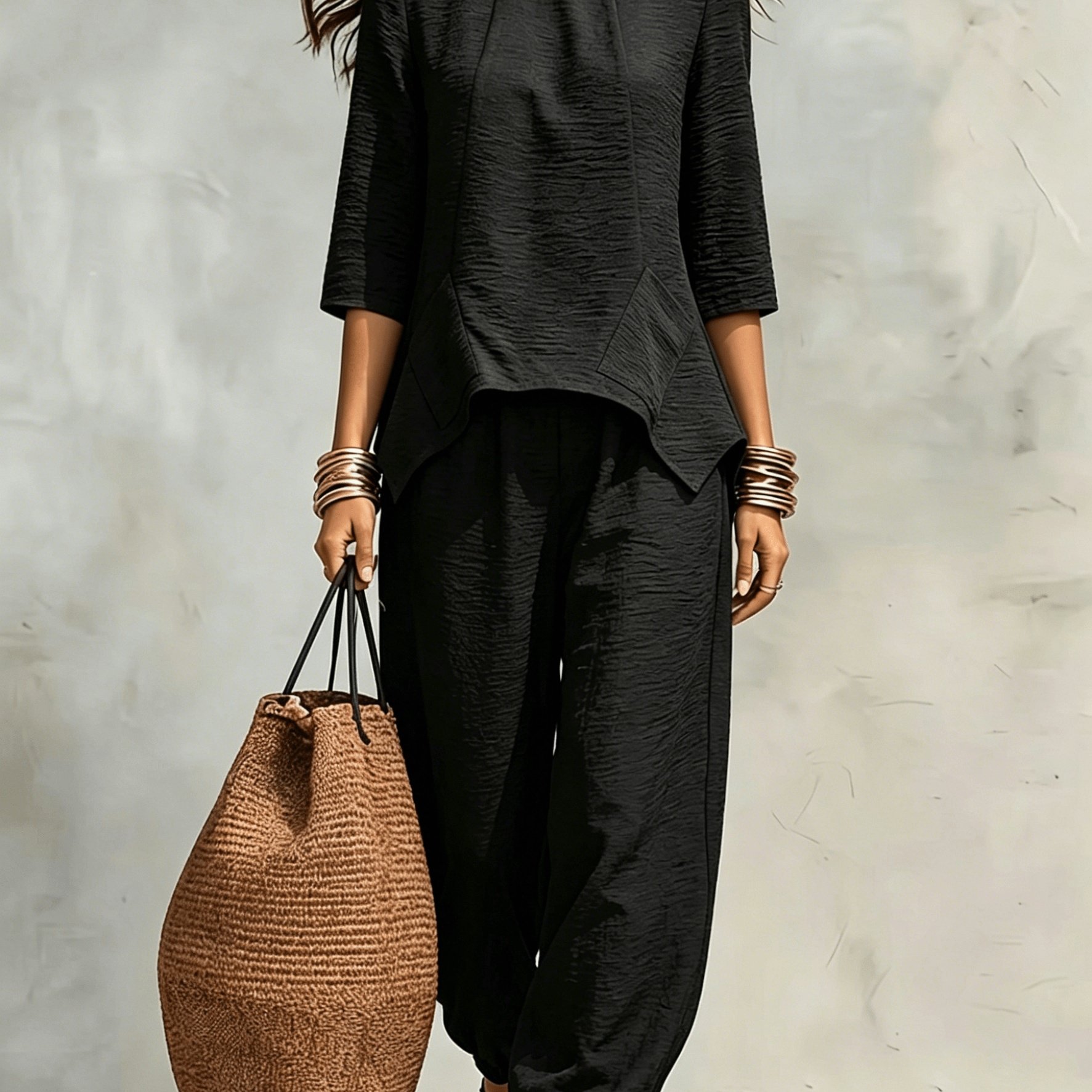 Image of Casual 2pcs Set: Solid Color Round Neck Three-quarter Sleeve Irregular Hem Shirt With Pockets + Loose Long Pants Set - Suitable For Occasions Such As The Office And Summer