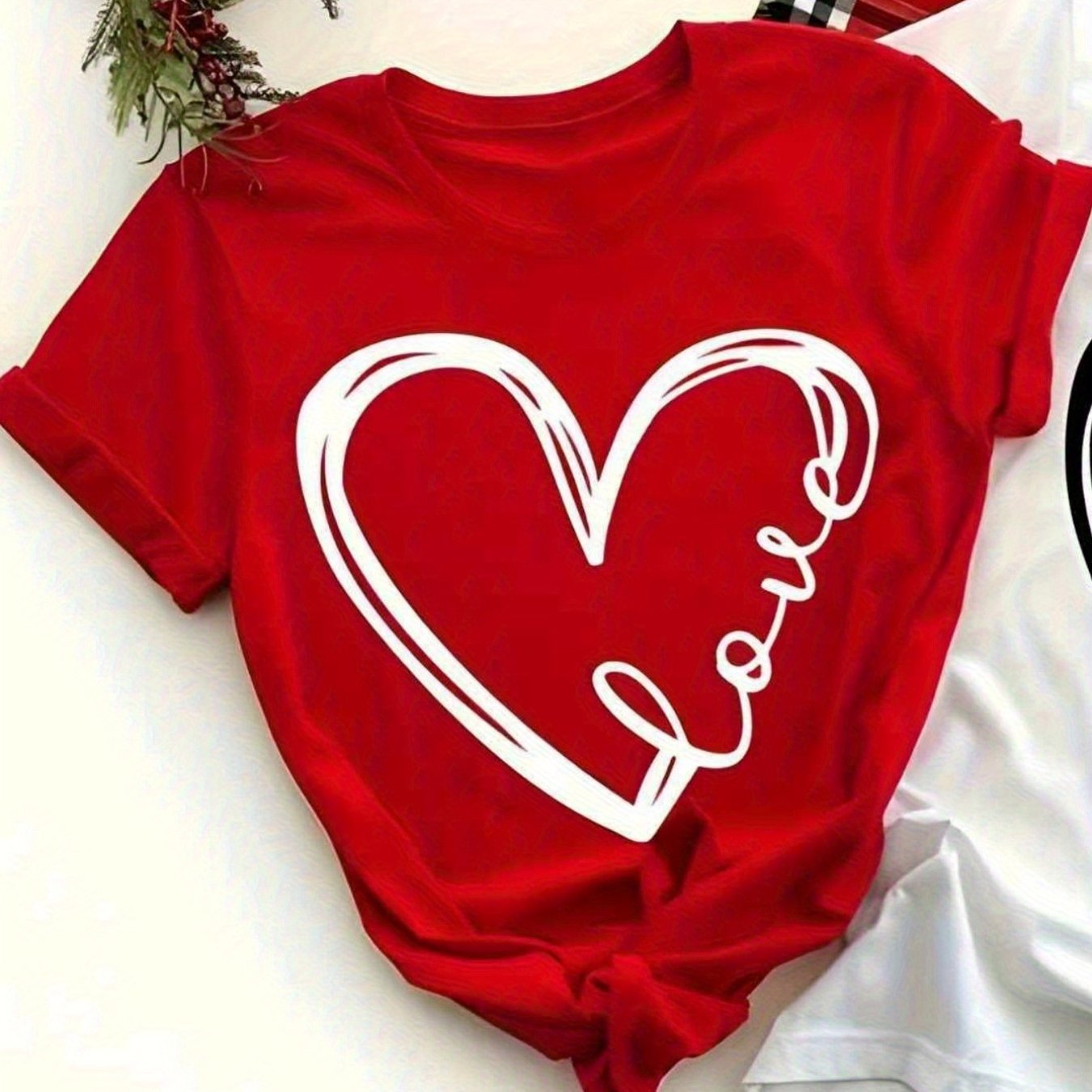 TEMU Red Heart Pattern T-shirt, Unisex, , Casual Short-sleeve Top, Y2k Style, Thanksgiving Outfit, Women's Top