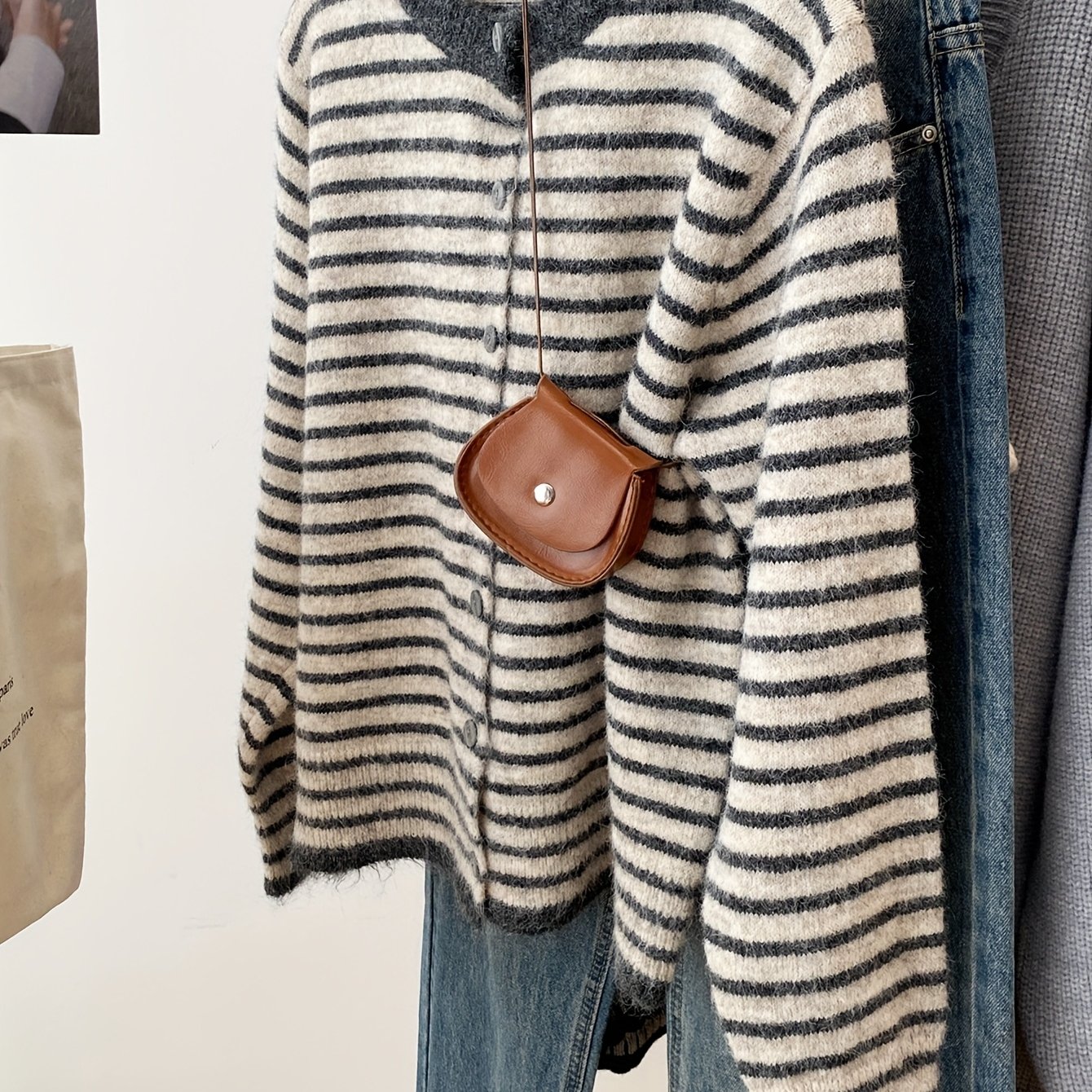 Image of Winter Gray And Apricot Striped Women's Cardigan, Comfortable Loose Sweater Jacket, Christmas And New Year Holiday Clothing
