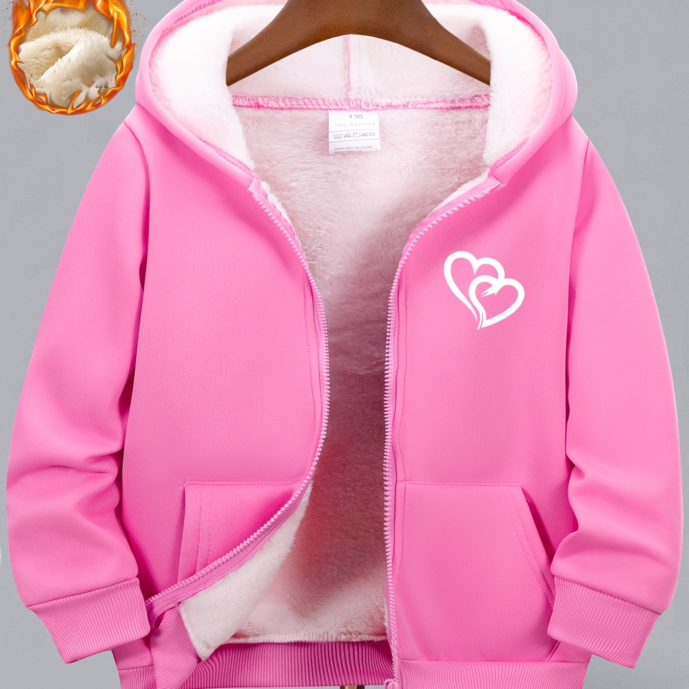 Image of Girls' Casual Fleece Zip-up Jacket, Sweet Heart Print Warm Children's Hooded Sweatshirt, Suitable For Outdoor And Daily Wear,fall And Winter Clothes