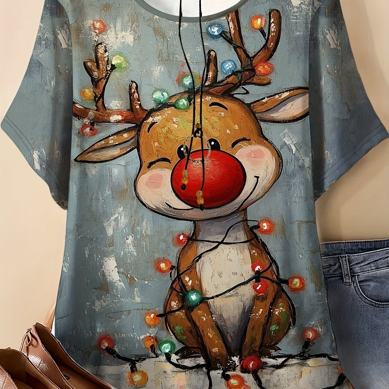 TEMU Plus Size Women's Short-sleeve T-shirt With A Round Neck, Featuring A Cute Tilted-head Reindeer Print For The Christmas Holiday. It Has A Lovely