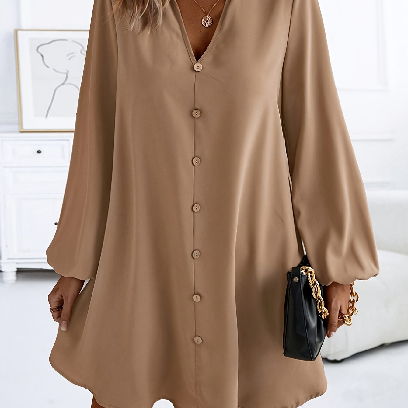 TEMU Solid Color V Neck Dress, Casual Long Sleeve Loose Fit Dress For Spring & Fall, Women's Clothing