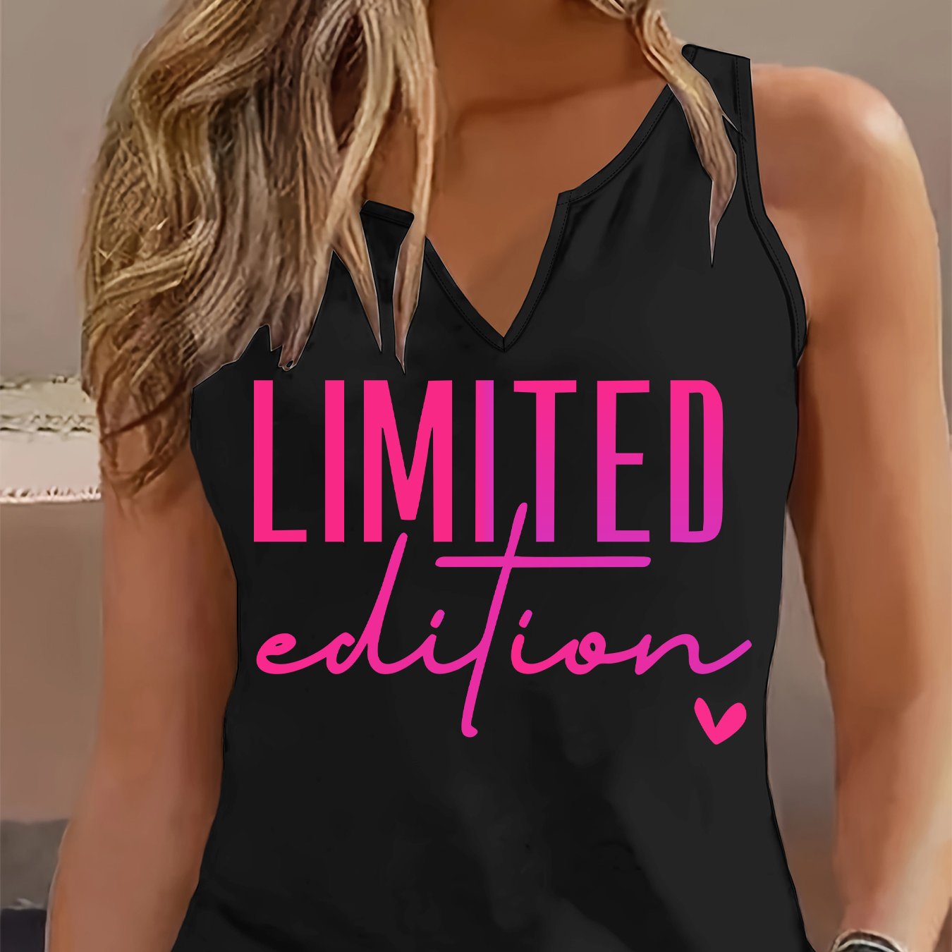 TEMU (052#) Women's Fashion Refreshing Tank Top, Sleeveless V-neck Printed Vest With Stylish Letter Design, Comfortable And Versatile Top