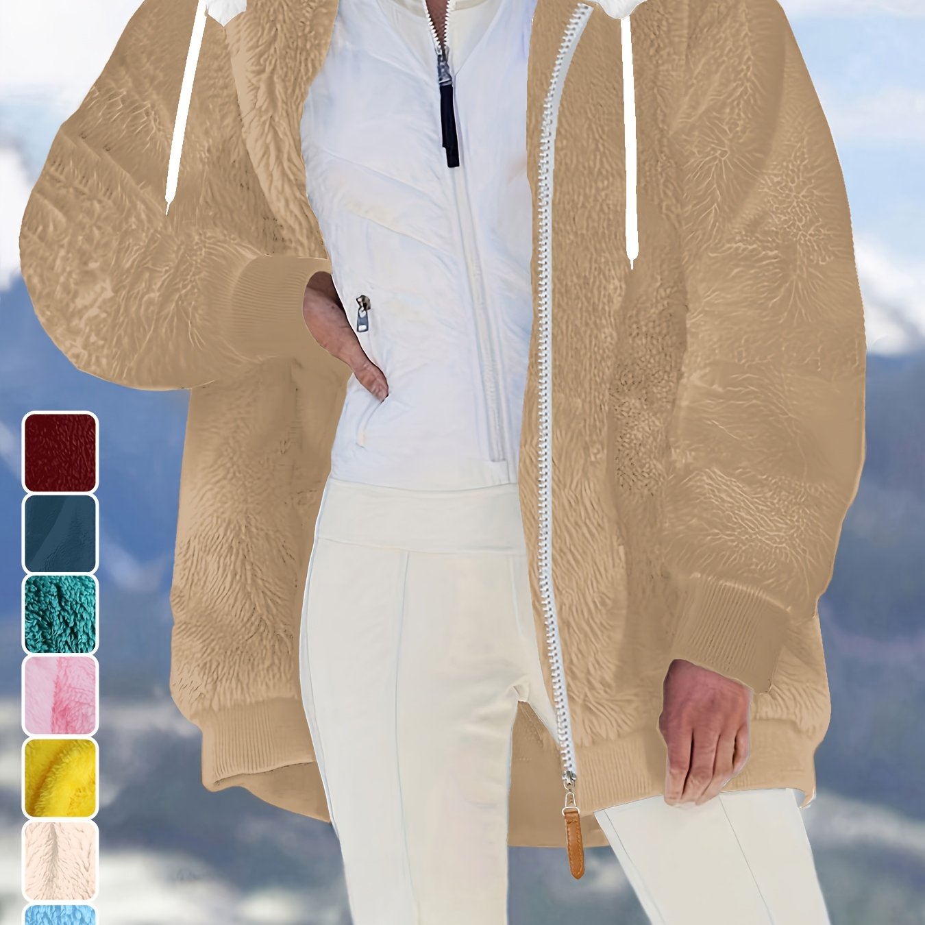 Ladies Autumn Winter Relaxed Cut Plush Hooded Outercoat, Contrast Zip Front Warm Lined Jacket, Ribbed Cuff Windproof Casual Outerwear For Daily Commuting And Cold Season Everyday Styling