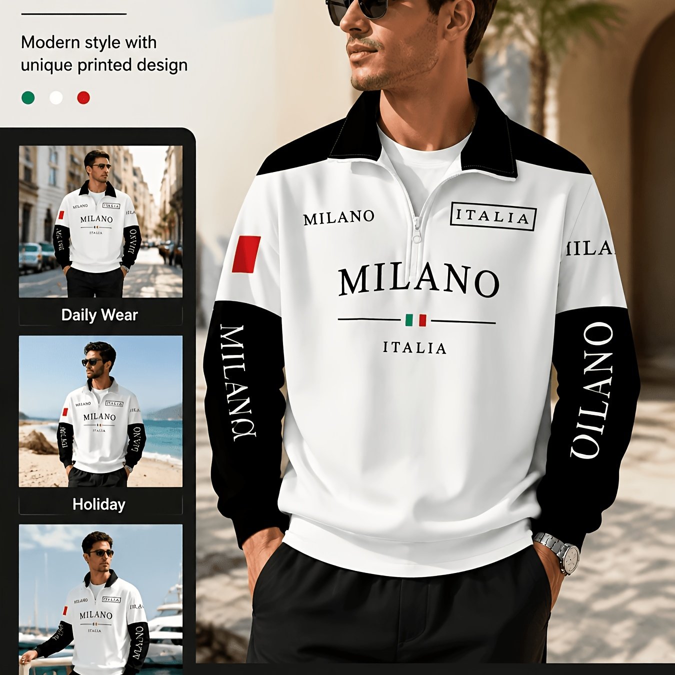 TEMU Men's Half-zip Lapel Sweatshirt Fashion Letter Pullover -block Spring/autumn Athletic Clothes For Men