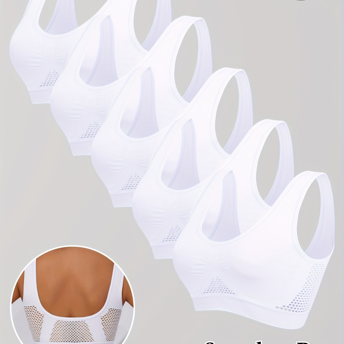 Image of 5pcs Seamless Hollow-out Sports Bras For Women, White Single-layer Non-padded Running Yoga Tank Tops