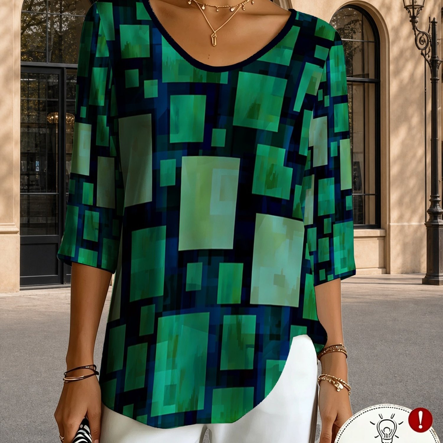TEMU Printed Design – Not Textured New Women's V-neck Mid-sleeve T-shirt With Green And Blue Contrasting Geometric Block Mosaic Print, Vintage Style,