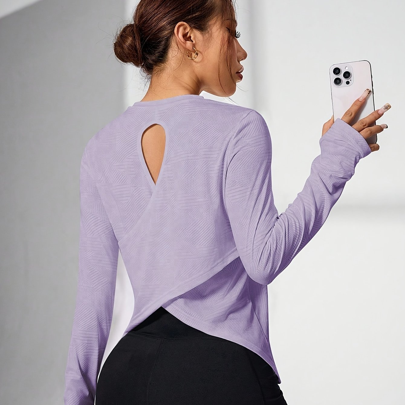 TEMU Women's Yoga Fitness T-shirt With Back Cutout Design - Breathable Purple Athletic Top, Round Neck With Short Back Opening, Soft Stretchy Long
