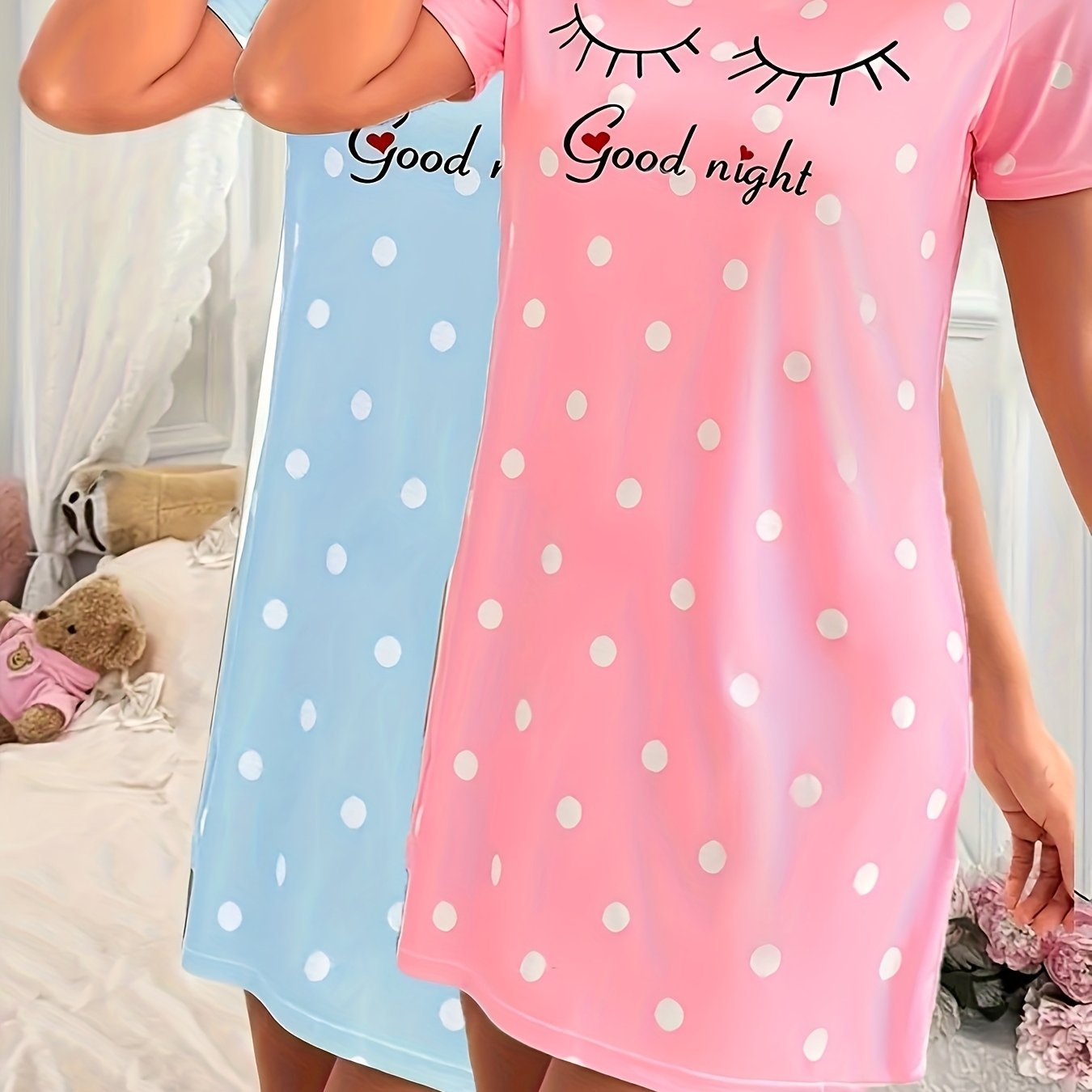 E-shop 2-teiliges Damen-Pyjama-Set mit Cartoon-Muster und Punktmotiv – Kurzarm-Nachthemd aus atmungsaktivem Polyester, Rundhalsausschnitt,