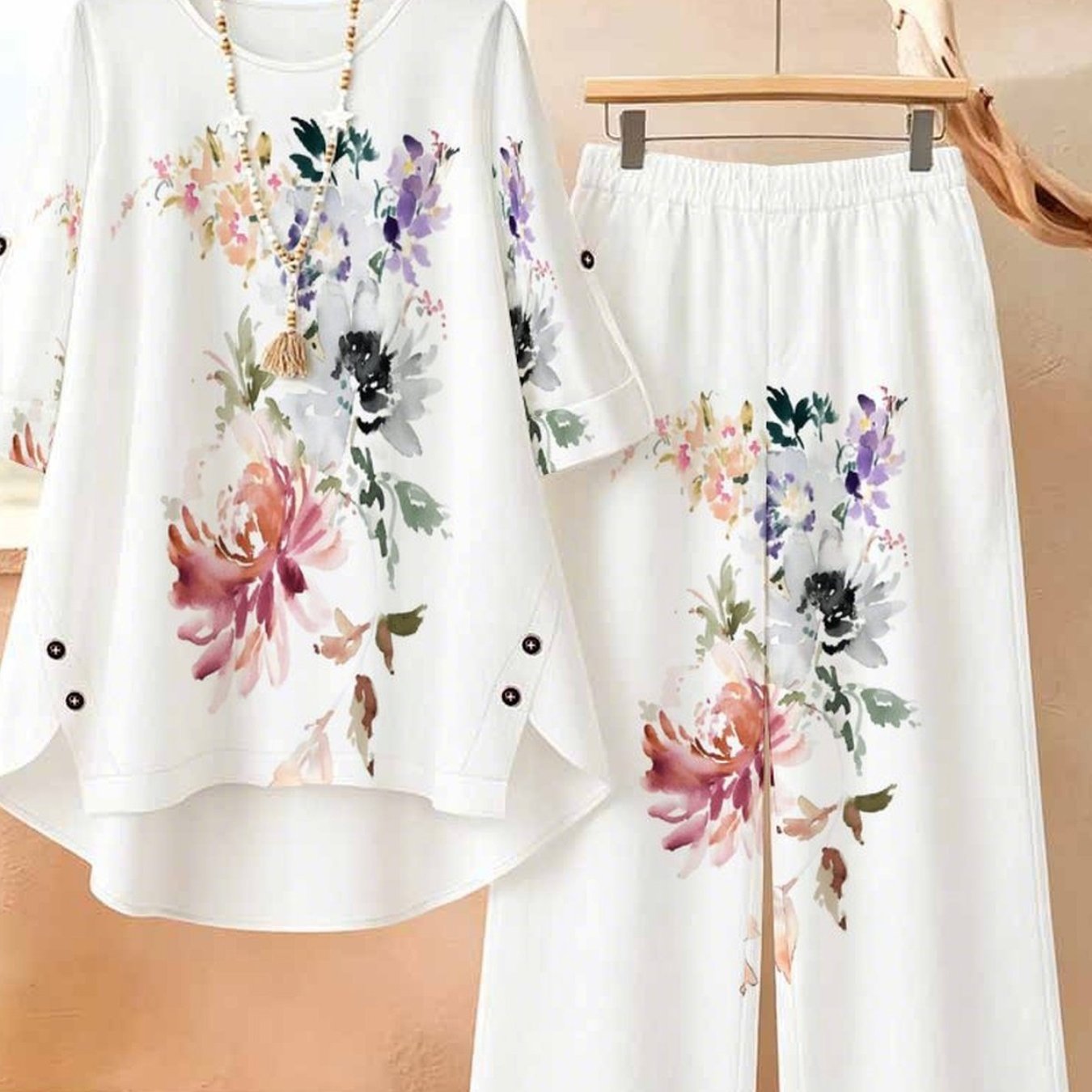 Plus Size, Plus Size Women 2pcs Outfit, Three-quarter Sleeve Top & Wide-leg Long Pants, Casual Elegant Style