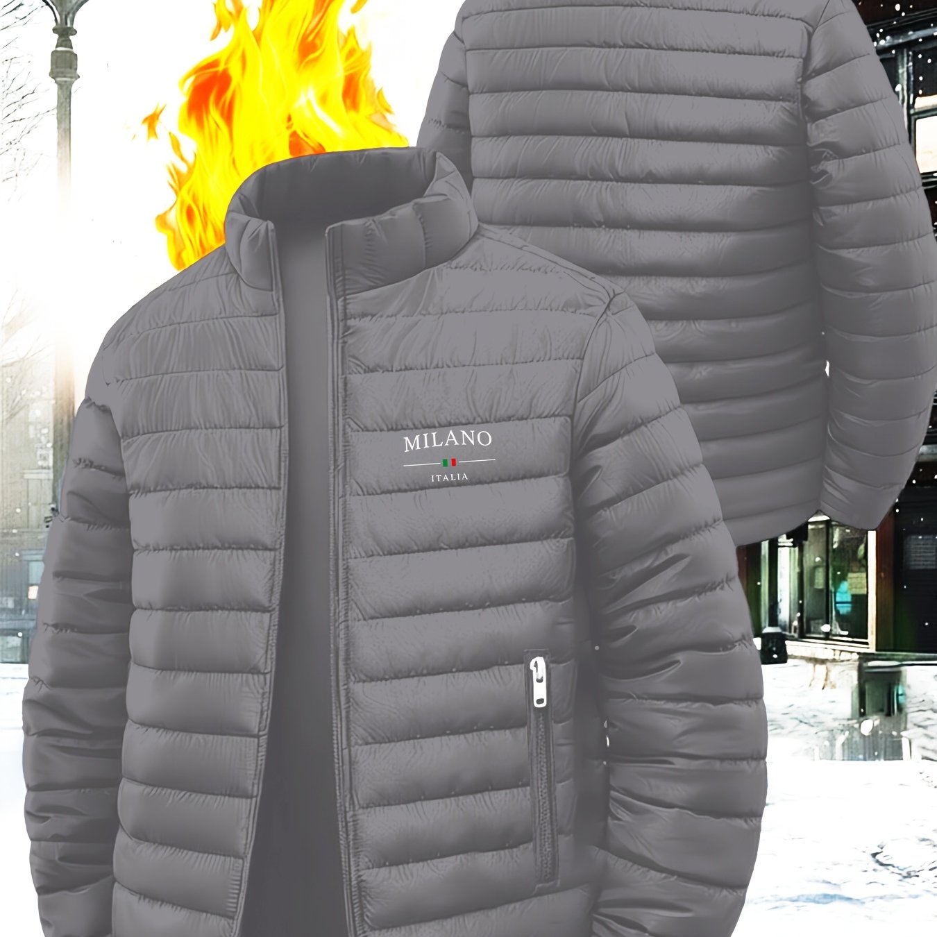 TEMU Men's Athletic Solid Color Collar Warm Jacket, Outdoor Travel Essential Top, Fashionable Print Design