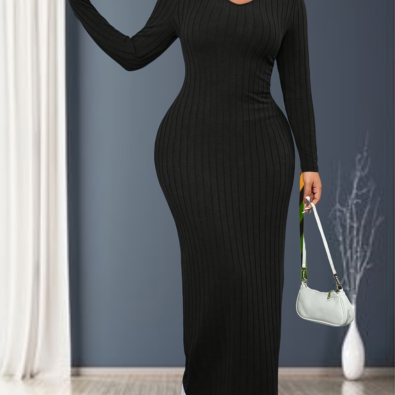 TEMU Plus Size, V-neck Long Sleeve Dress Plus Size Bodycon Maxi Dress