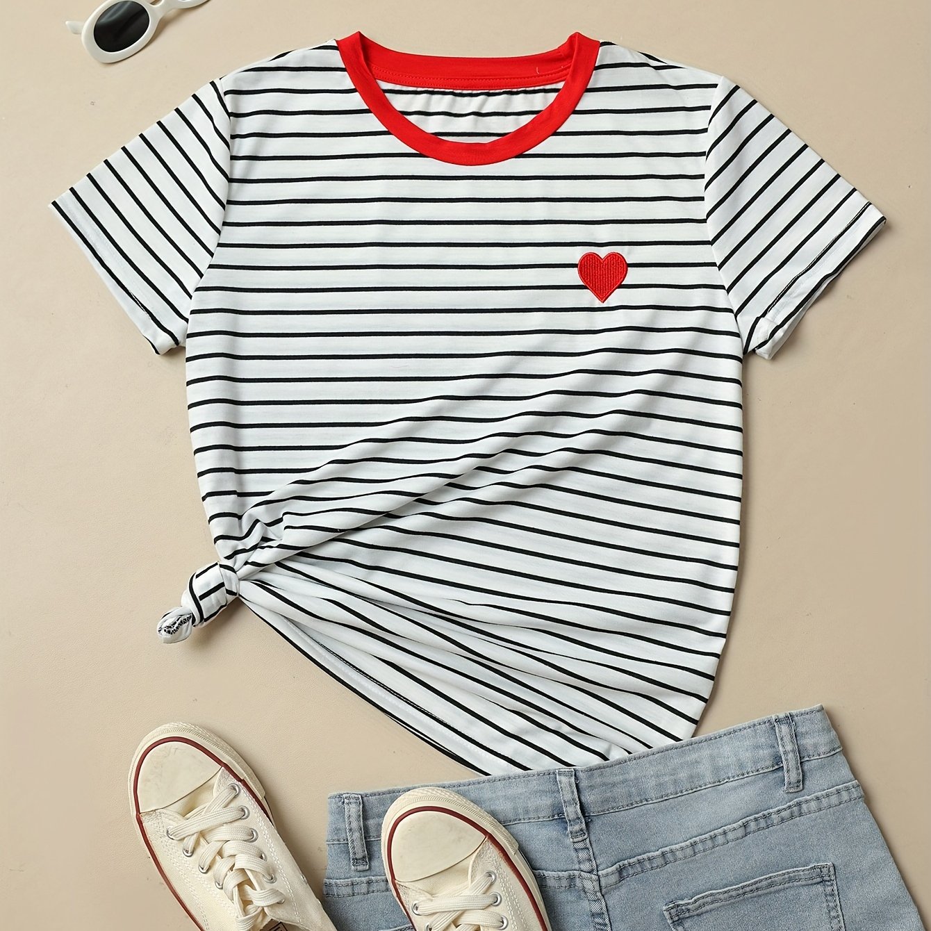 Image of Heart Embroidered & Striped Crew Neck T-shirt, Casual Short Sleeve Top For , Women's Clothing